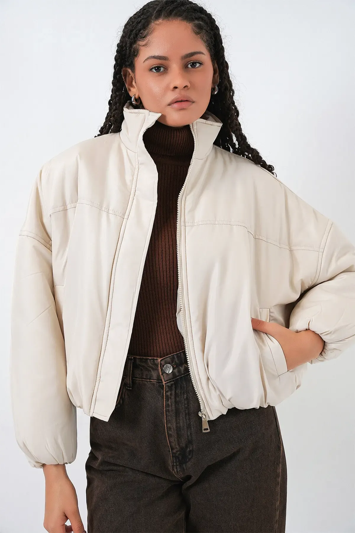Kadın Oversize Bomber Şişme Mont 5124 - Ekru