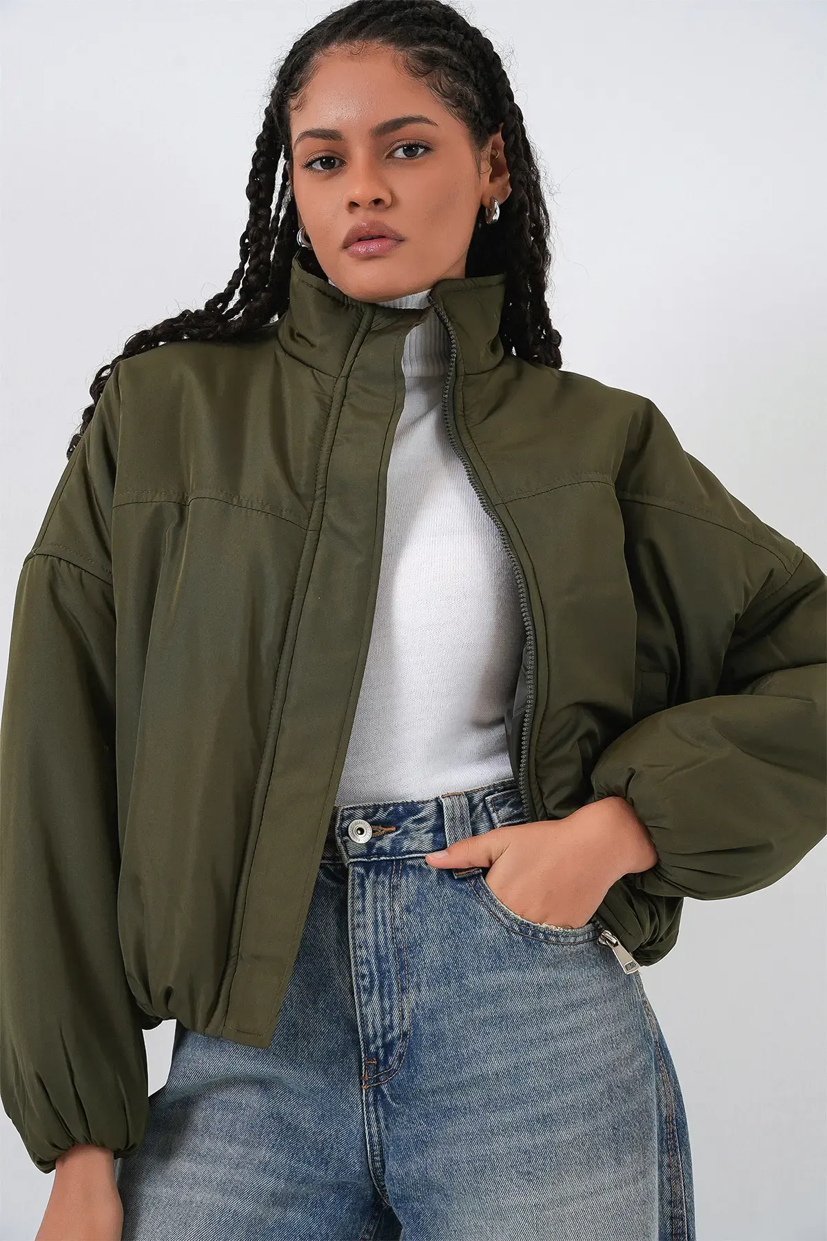 Kadın Oversize Bomber Şişme Mont 5124 - Haki