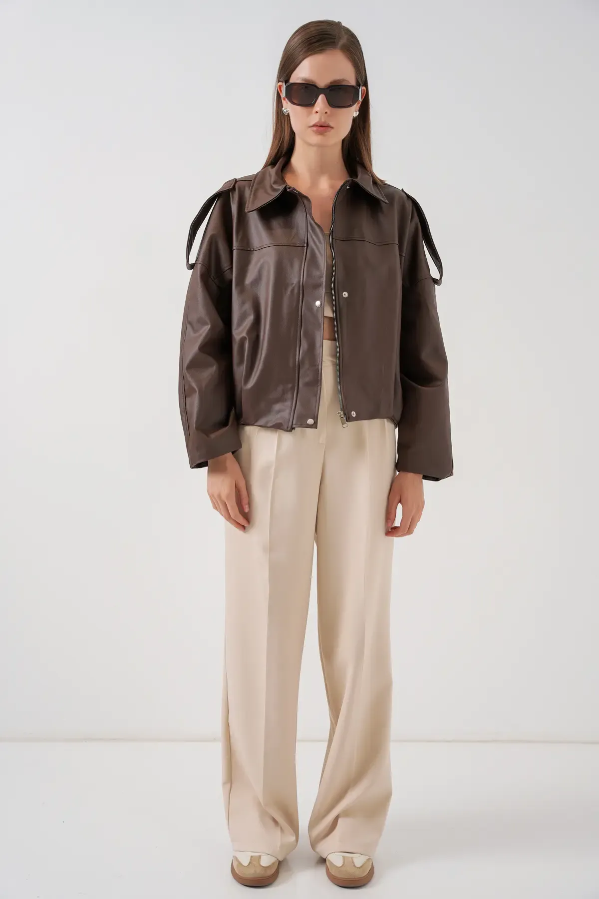 Kadın Oversize Deri Ceket 1055 - Kahverengi