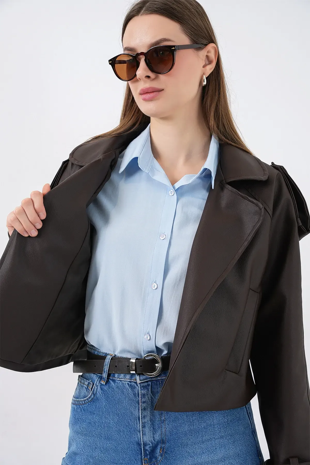 Kadın Oversize Deri Mont Ceket 1047 - Kahverengi