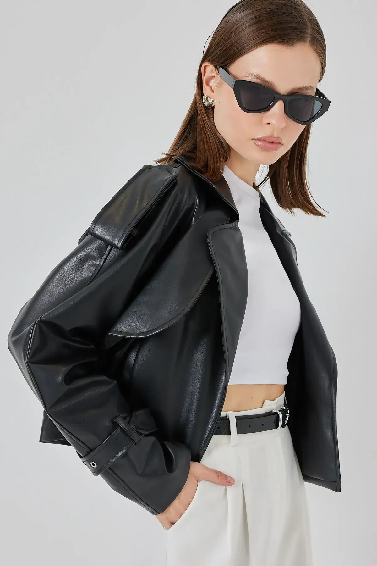 Kadın Oversize Deri Mont Ceket 1047 - Siyah