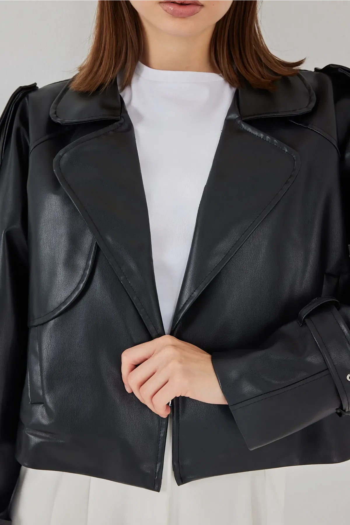 Kadın Oversize Deri Mont Ceket 1047 - Siyah