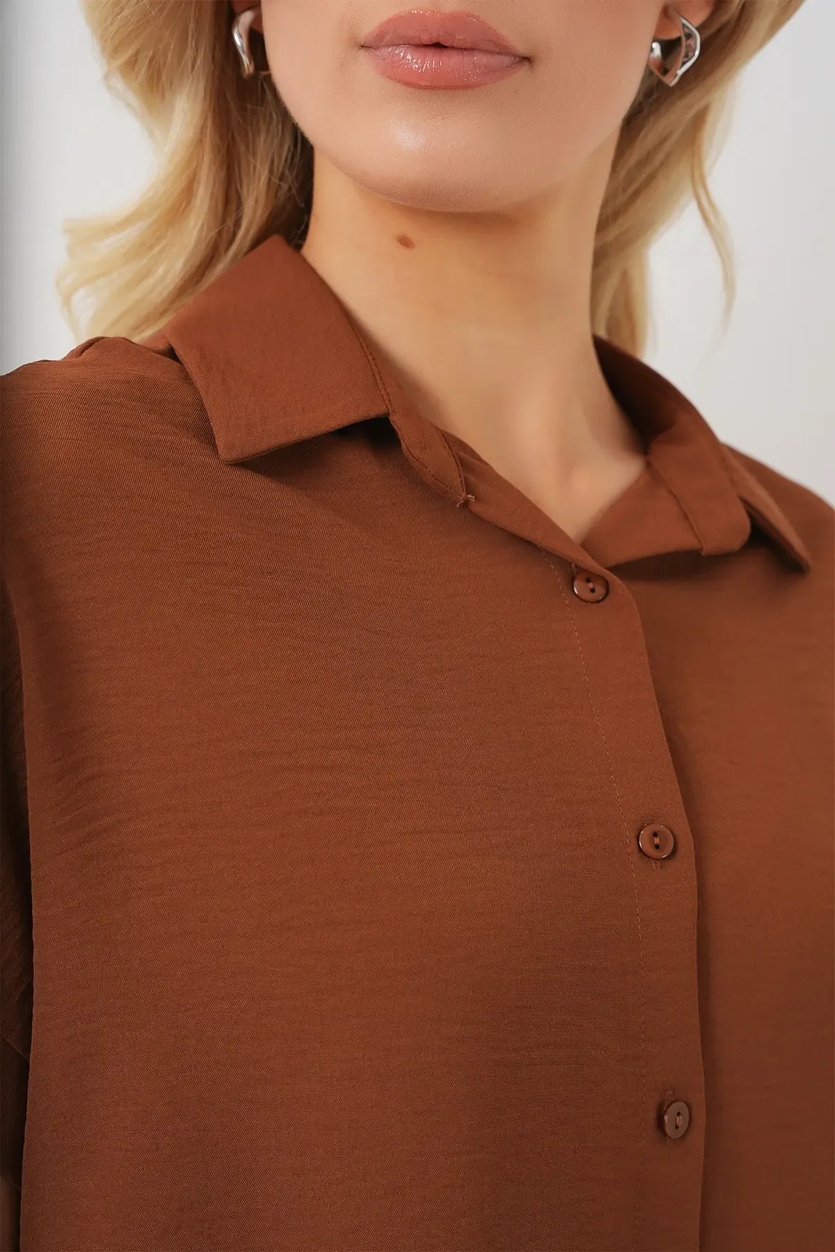 Kadın Oversize Kısa Kol Gömlek 20322 - Taba