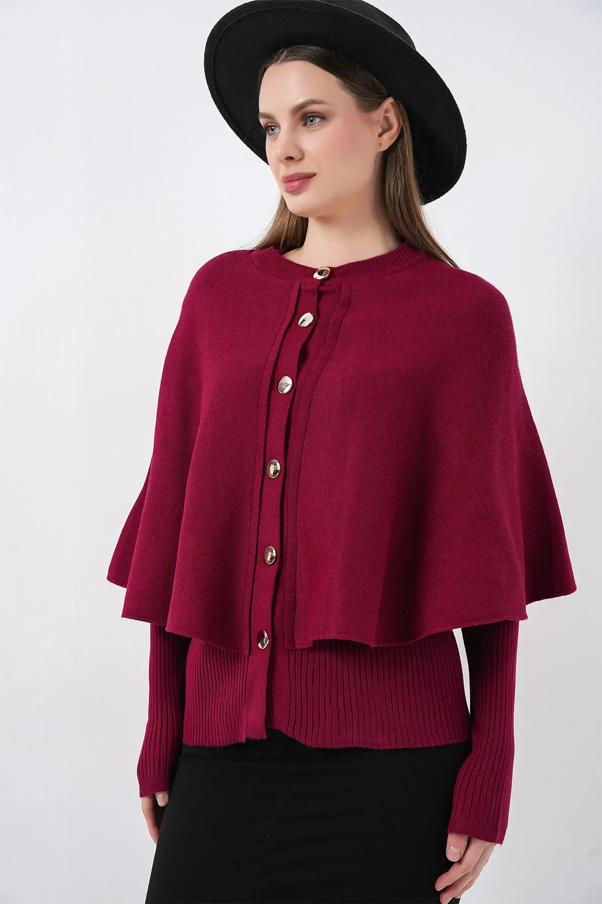 Kadın Pelerinli Triko Hırka 15967 - Bordo