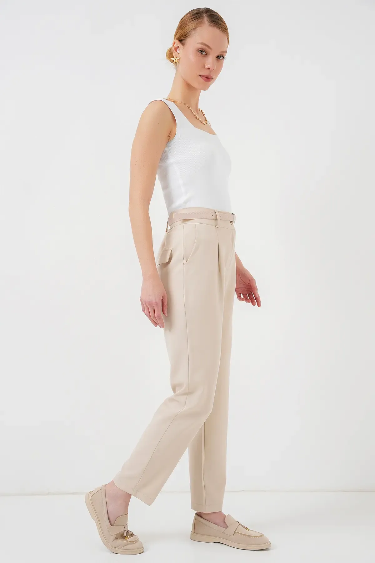 Kadın Pileli Kemerli Kumaş Pantolon 6725 - Krem