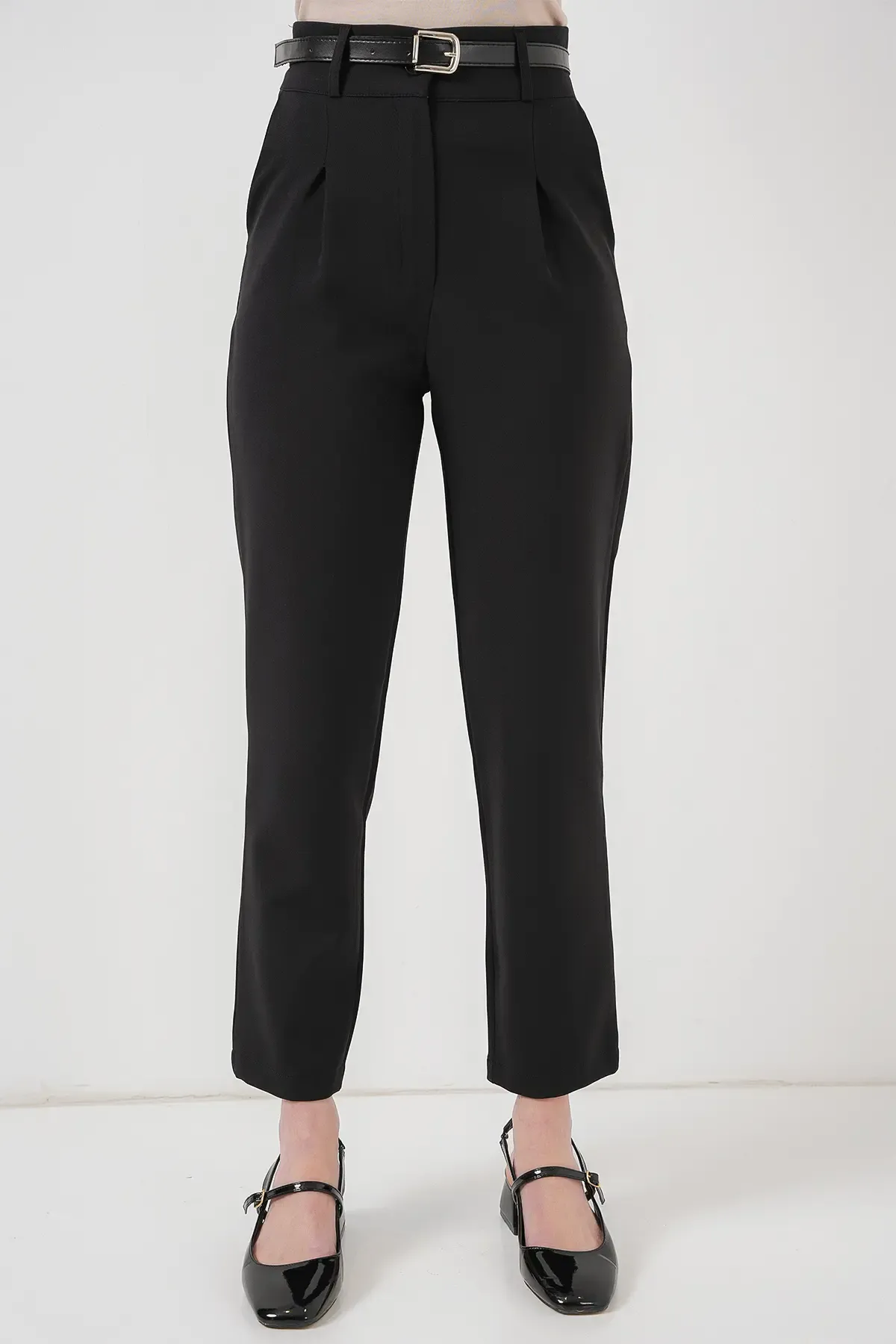 Kadın Pileli Kemerli Kumaş Pantolon 6725 - Siyah