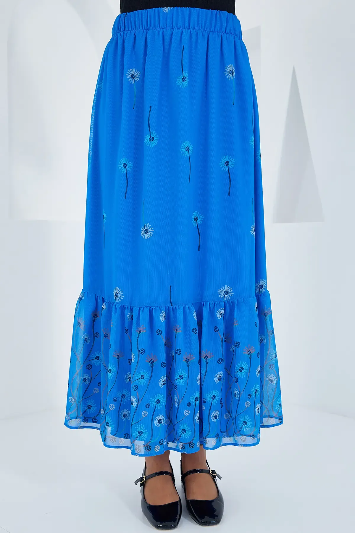 Kadın Saks Desenli Şifon Etek 8010