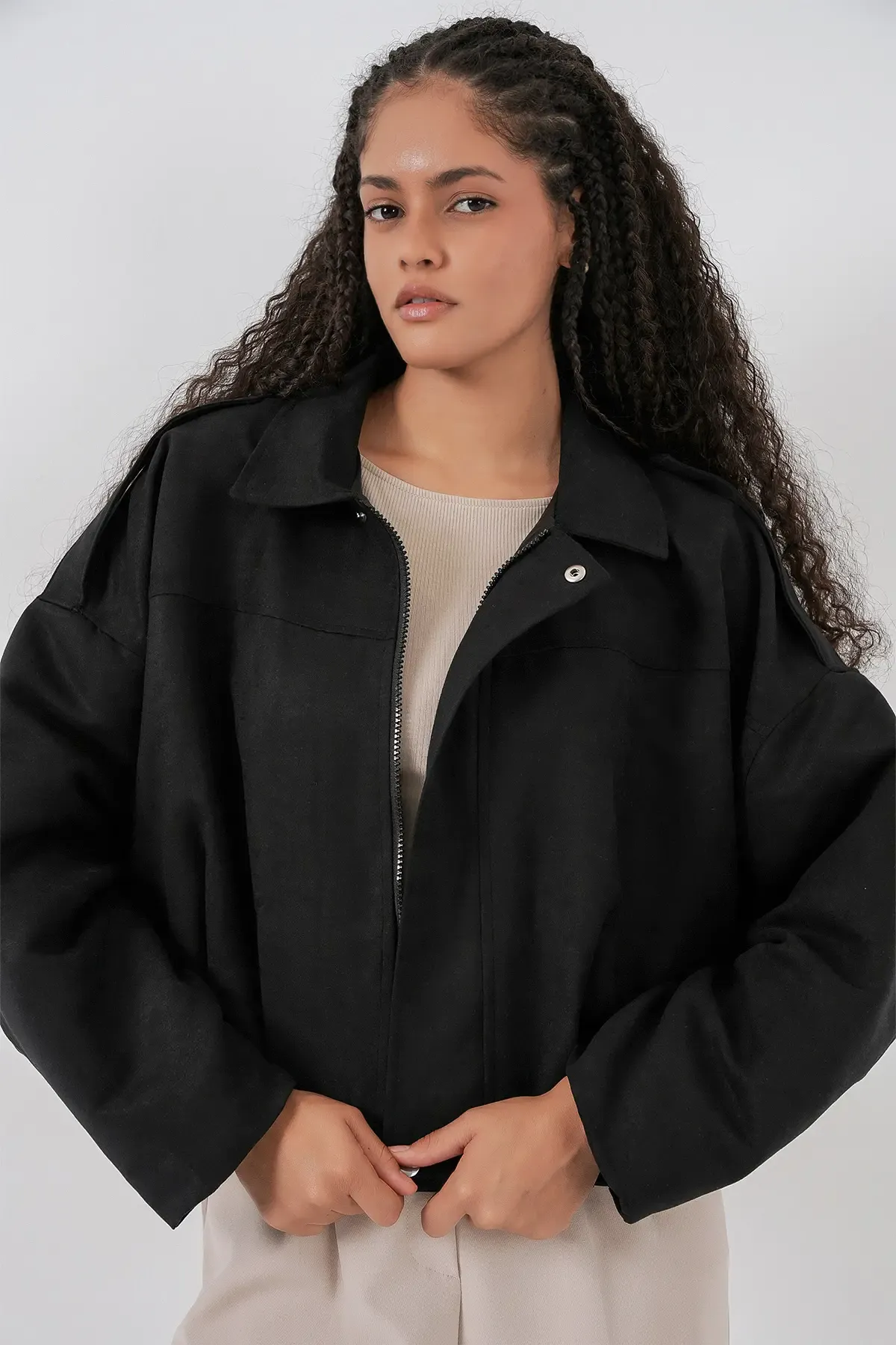 Kadın Siyah Oversize Süet Ceket 1055