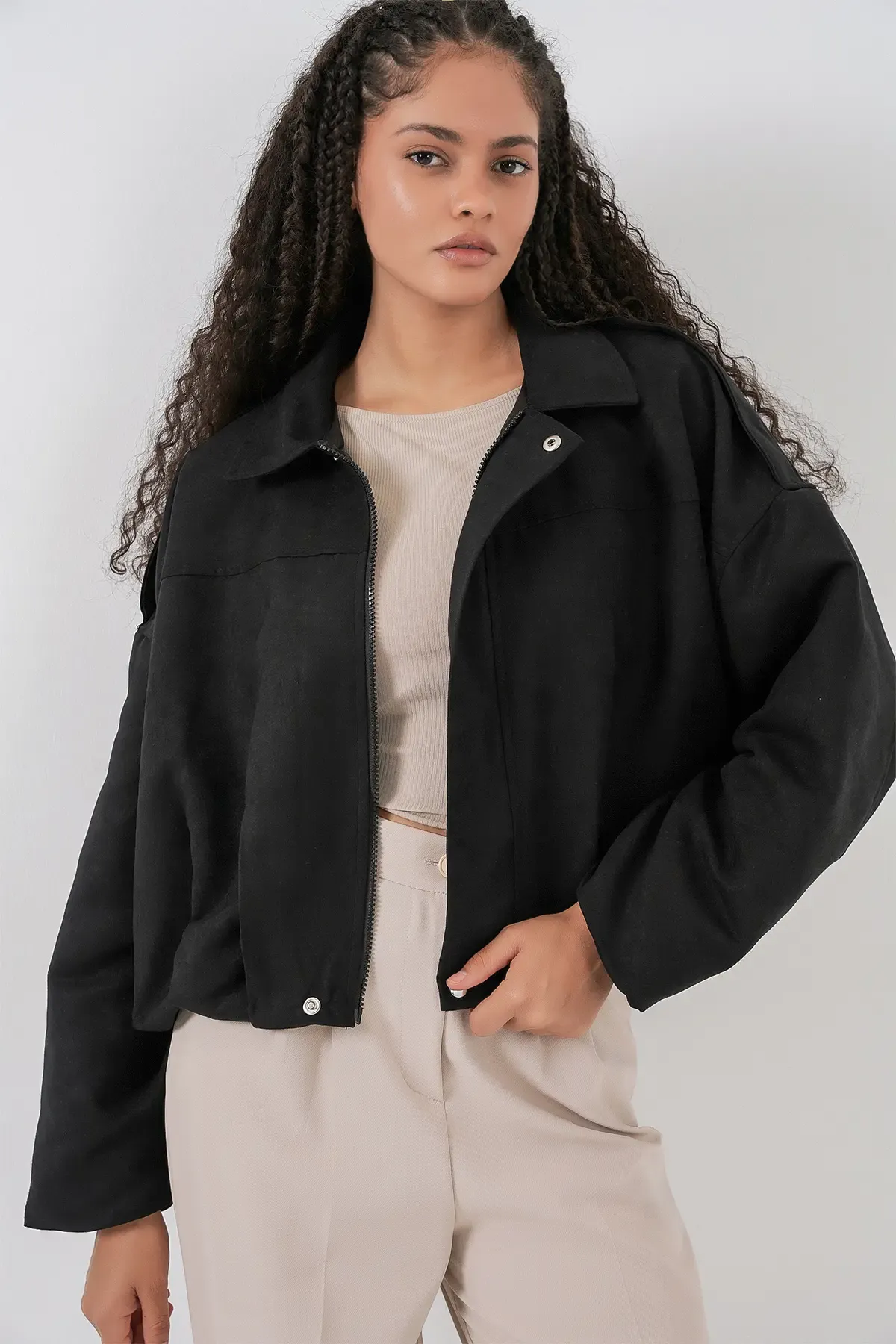 Kadın Siyah Oversize Süet Ceket 1055