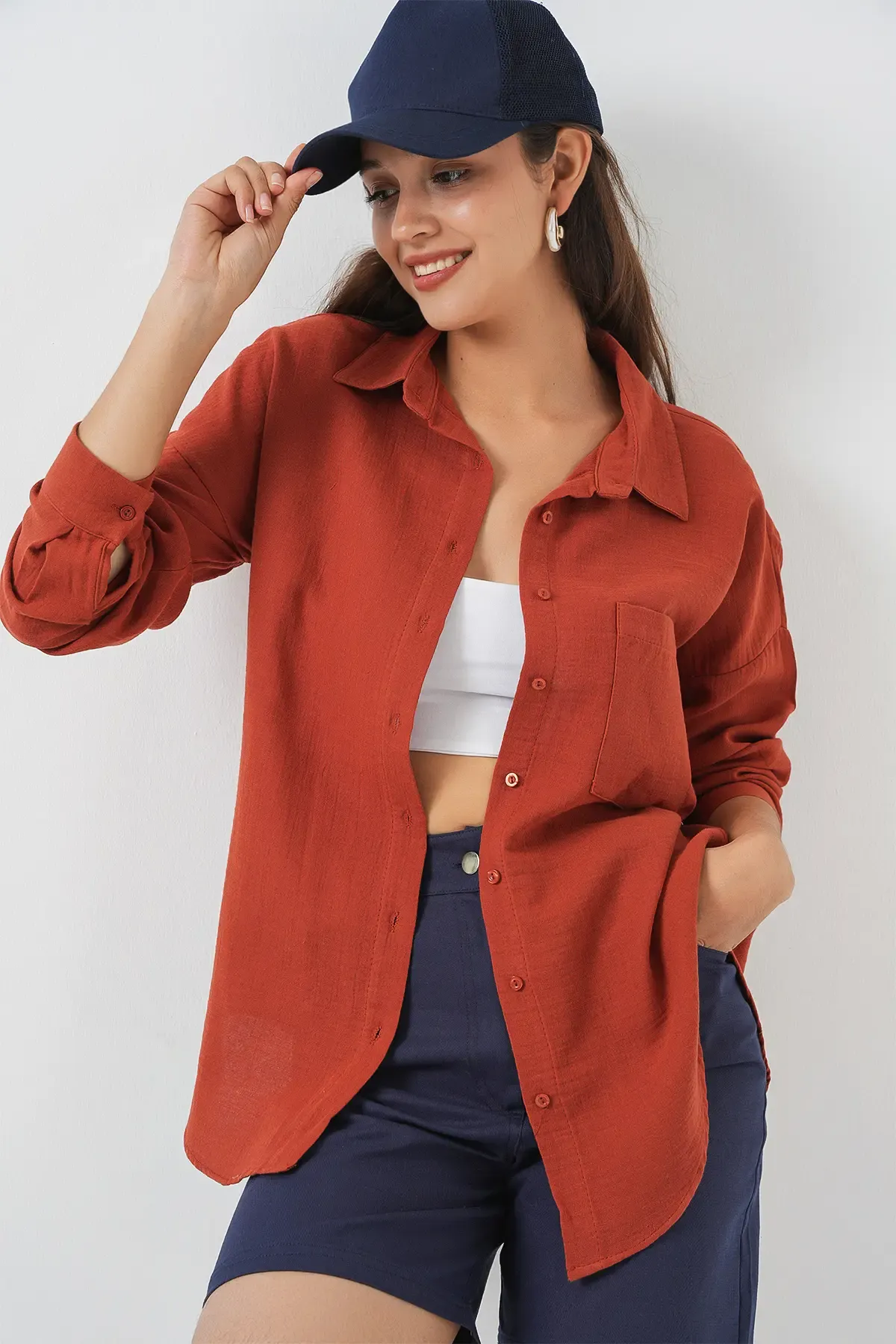 Kadın Tek Cepli Oversize Müslin Gömlek 20353 - Kiremit