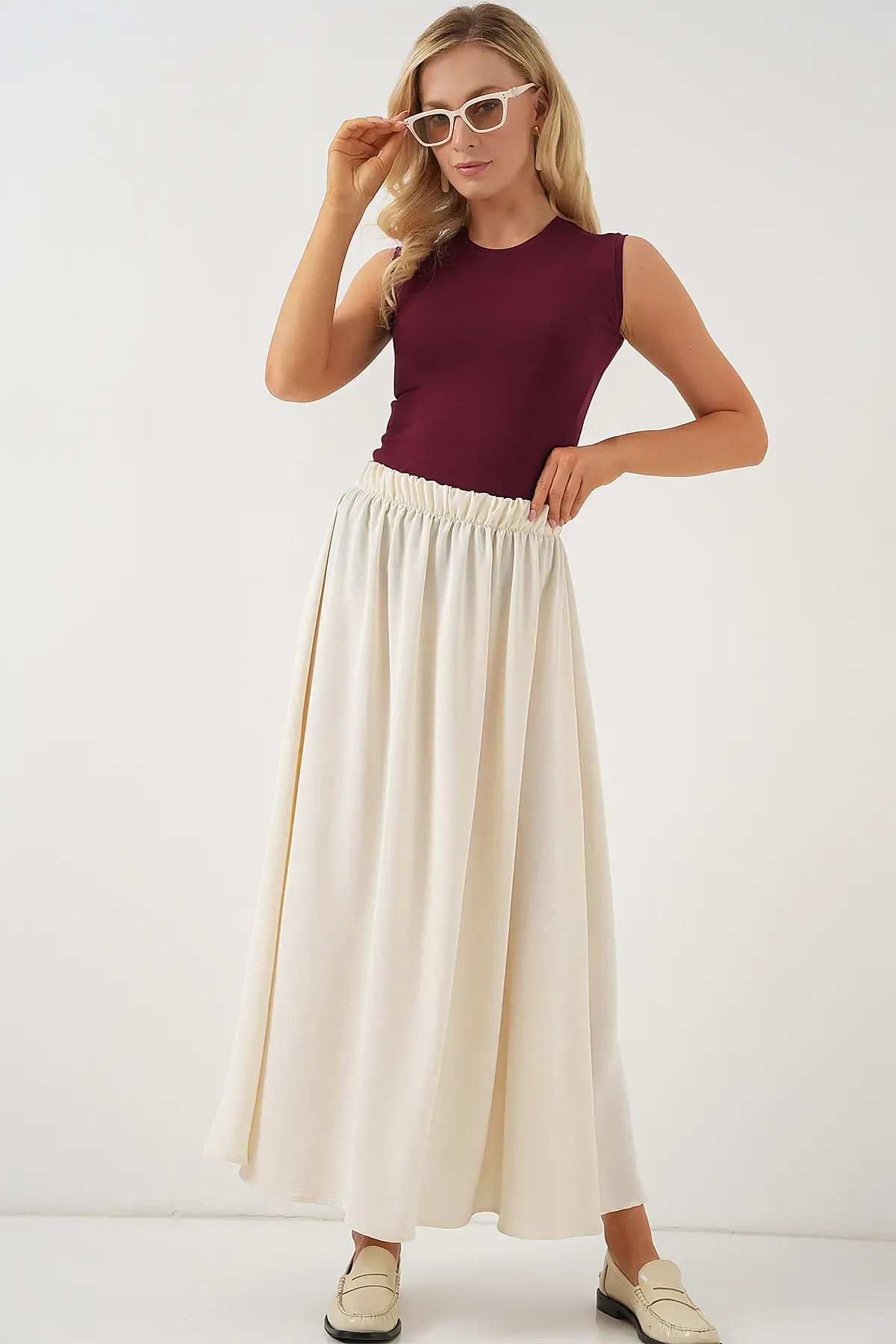 Kadın Uzun Ayrobin Etek 8050 - Krem