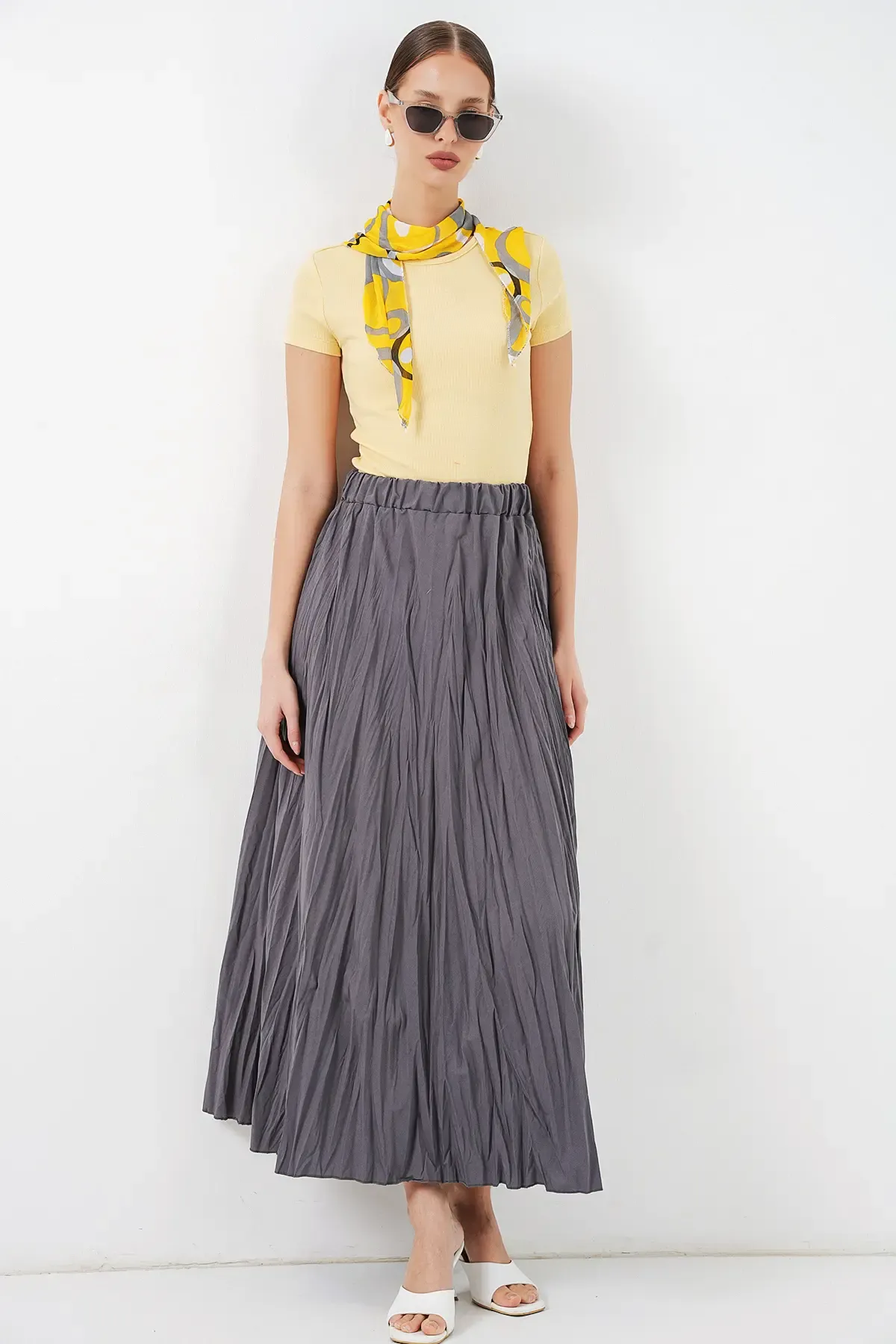 Kadın Uzun Kırışık Etek 8042 - Antrasit