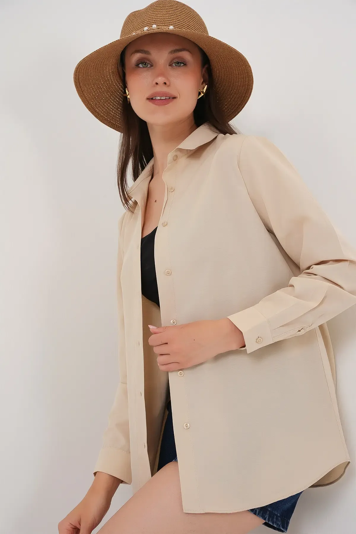 Kadın Uzun Kol Basic Gömlek 20279 - Bej