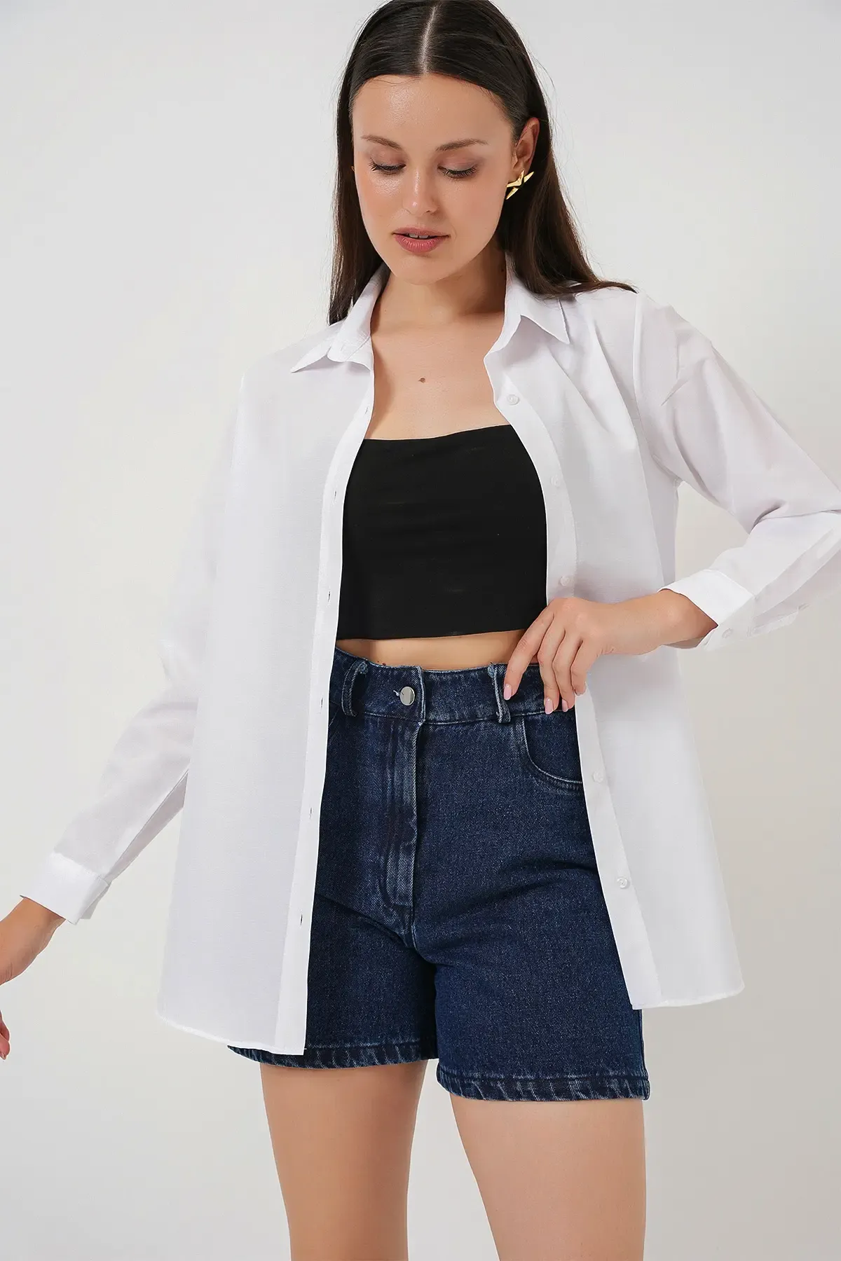 Kadın Uzun Kol Basic Gömlek 20279 - Beyaz