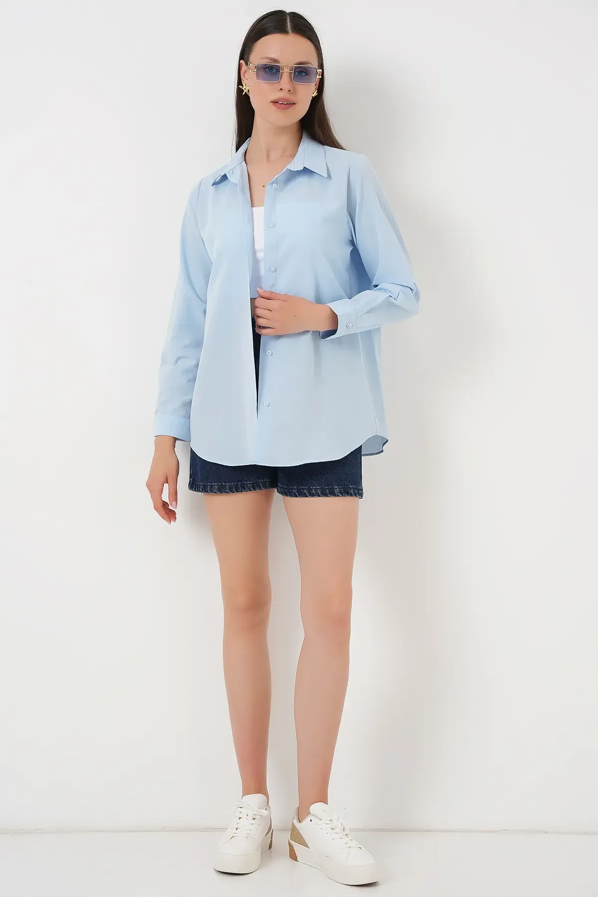 Kadın Uzun Kol Basic Gömlek 20279 - Mavi