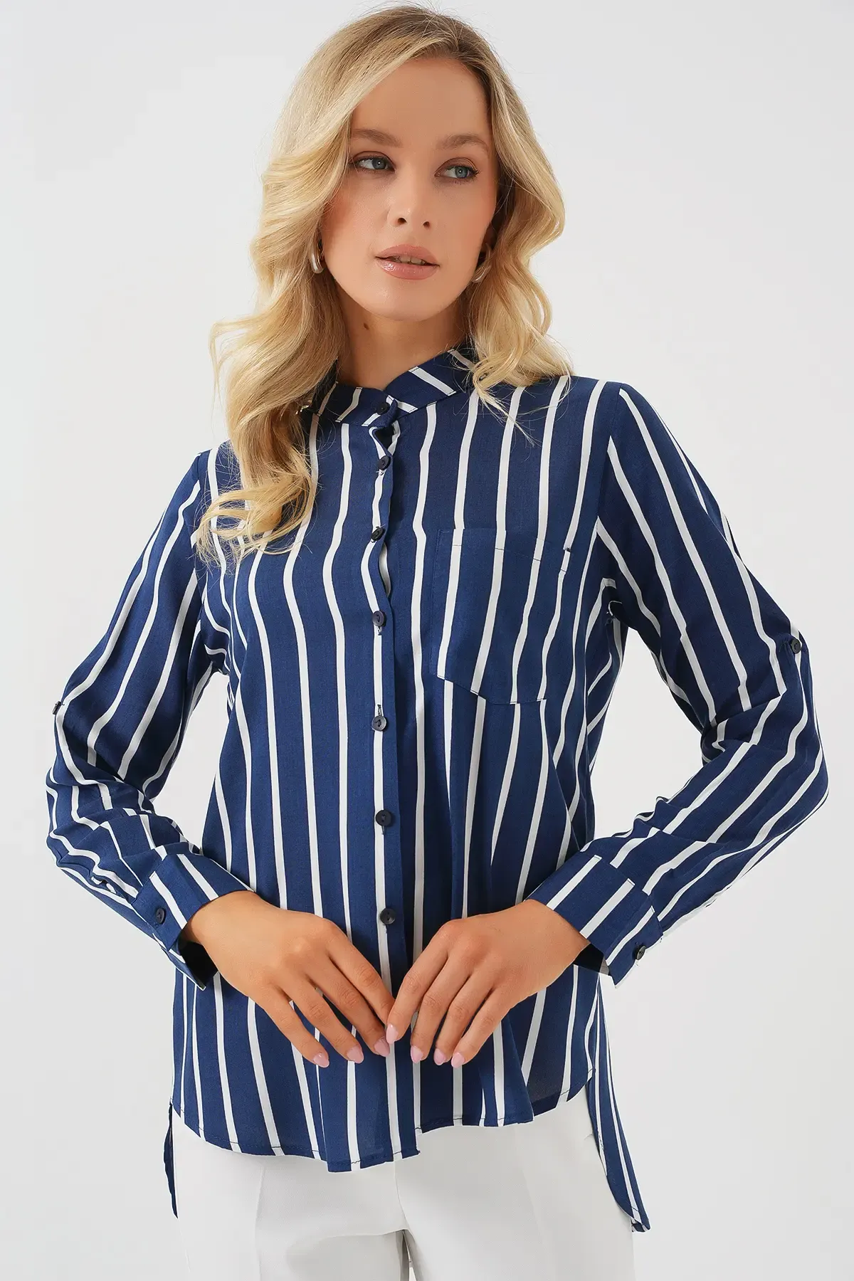 Kadın Uzun Kollu Çizgili Gömlek 20283 - A.Lacivert
