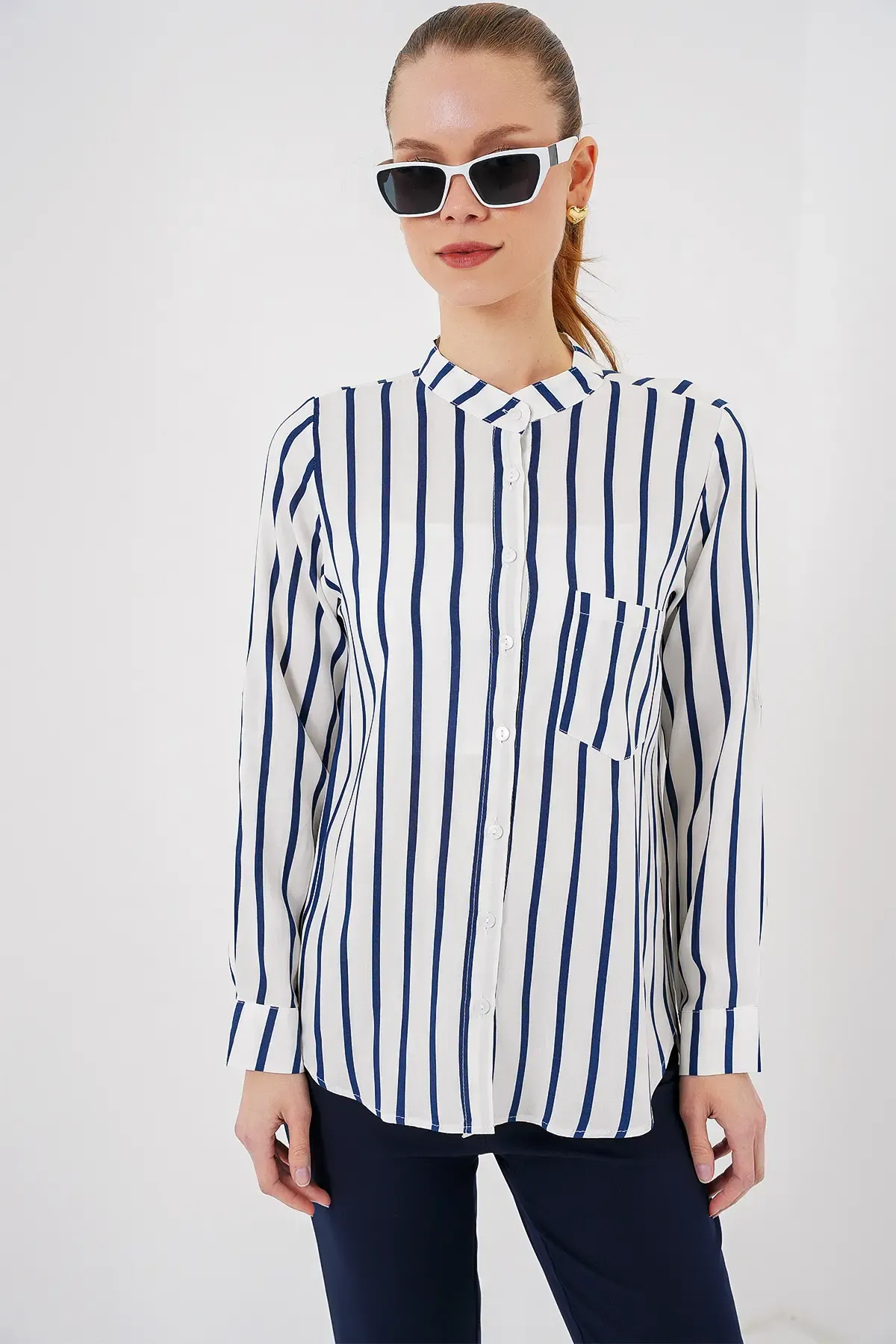 Kadın Uzun Kollu Çizgili Gömlek 20283 - B.Lacivert