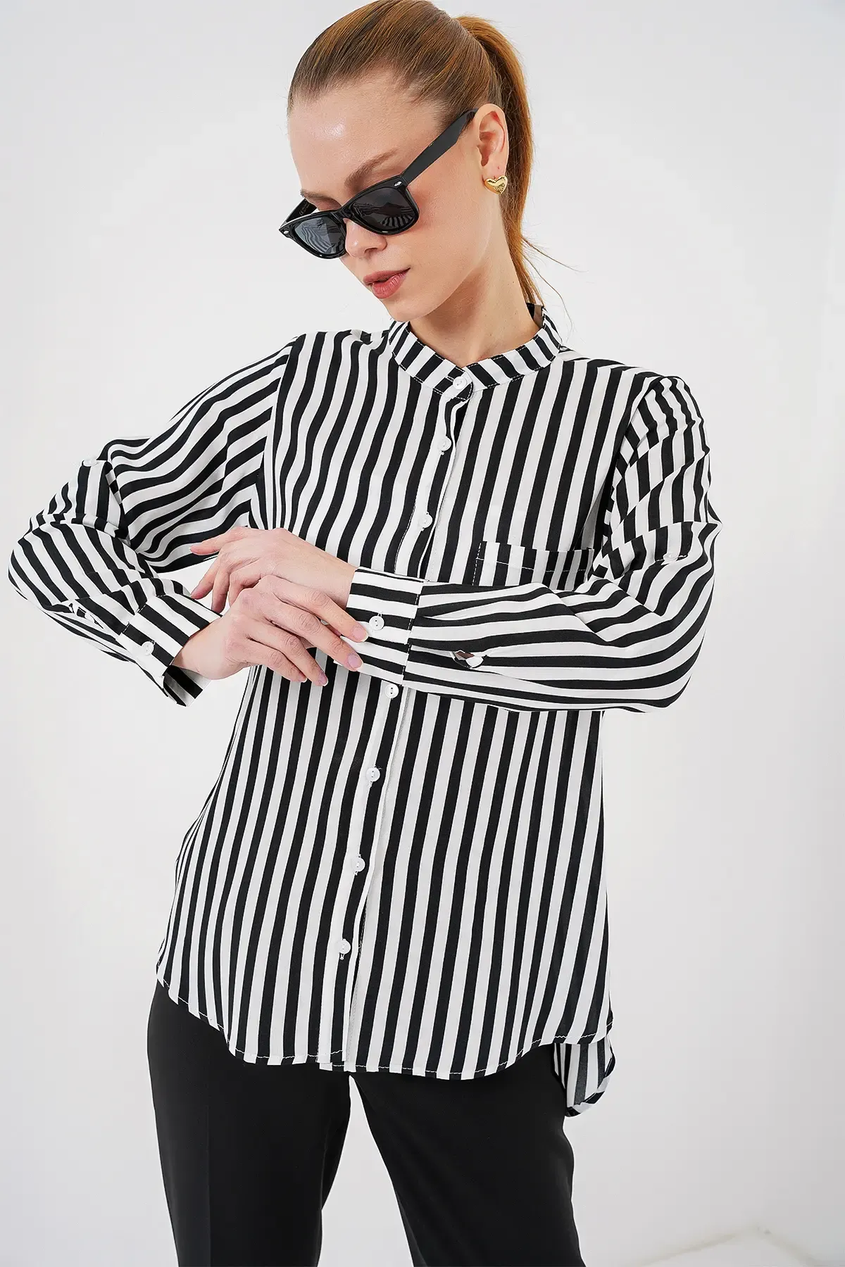 Kadın Uzun Kollu Çizgili Gömlek 20283 - Beyaz