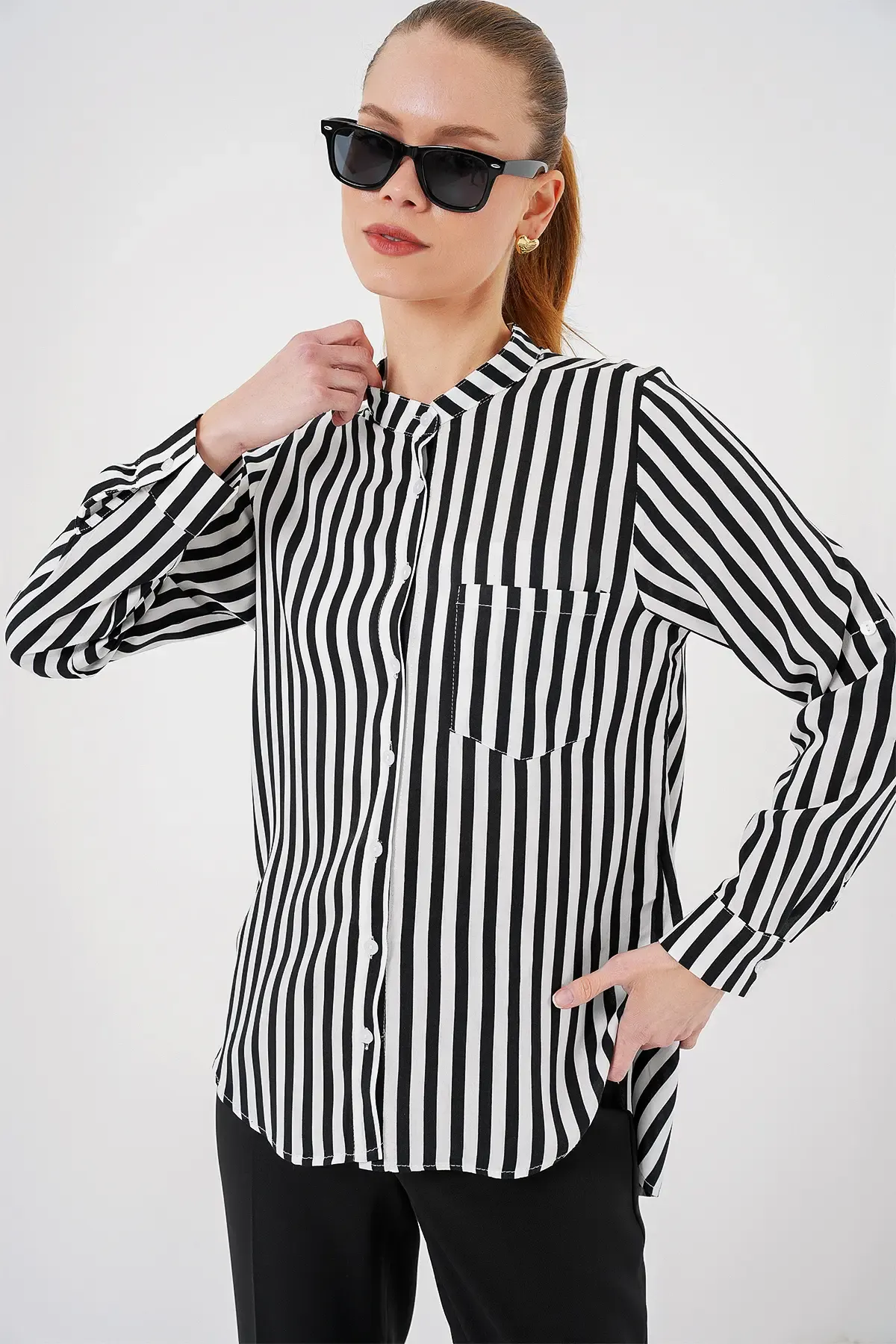 Kadın Uzun Kollu Çizgili Gömlek 20283 - Beyaz