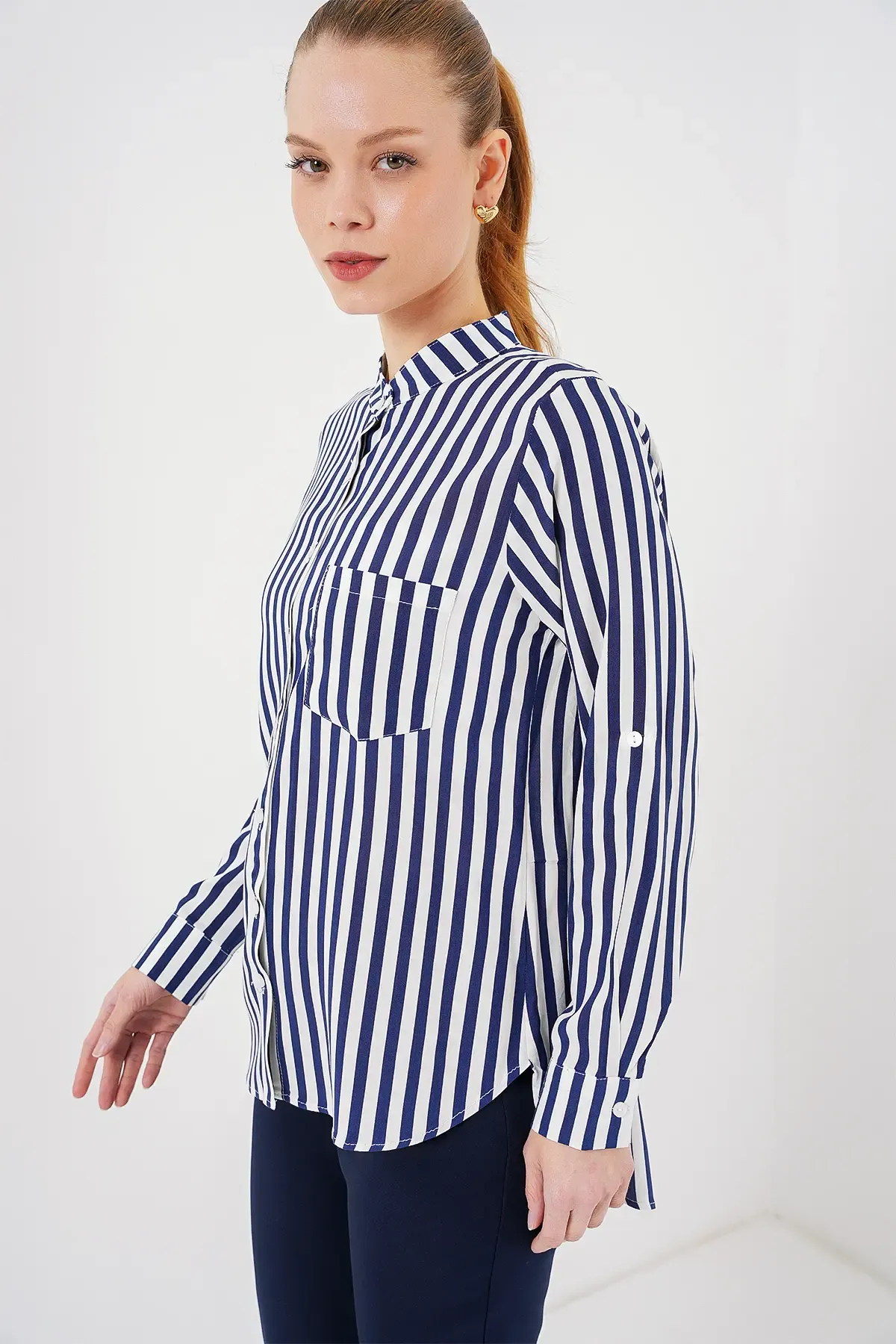 Kadın Uzun Kollu Çizgili Gömlek 20283 - Lacivert