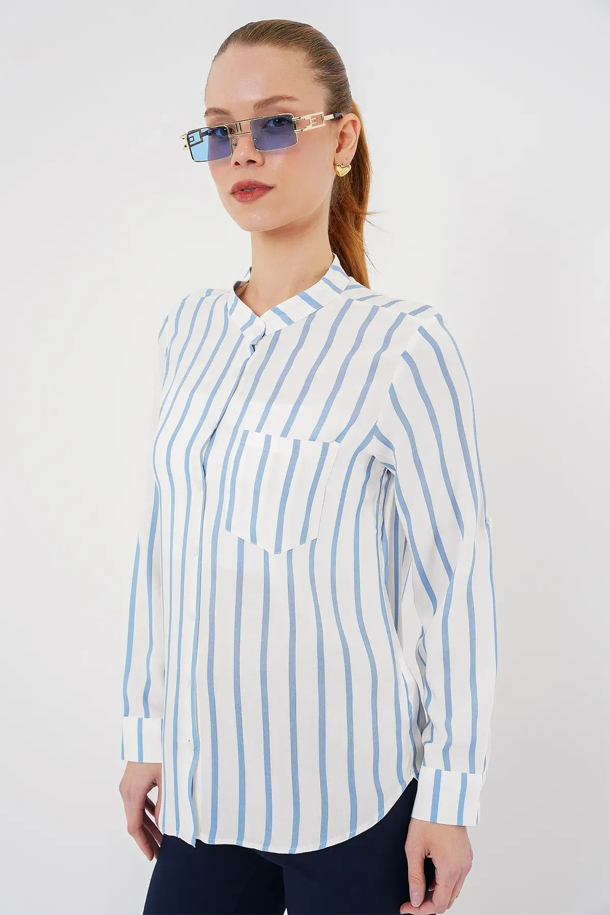 Kadın Uzun Kollu Çizgili Gömlek 20283 - Mavi