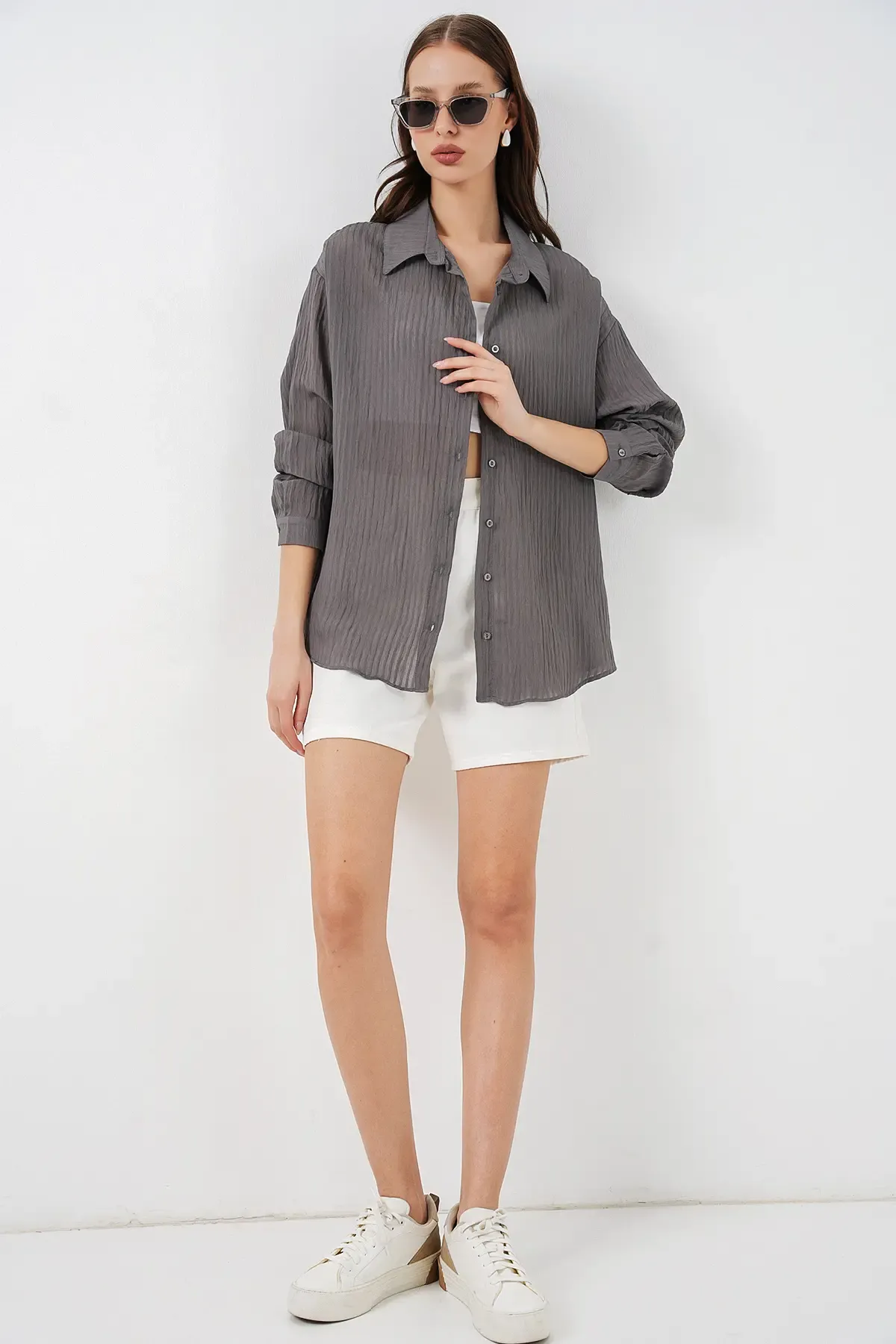 Kadın Uzun Oversize Gömlek 20320 - Antrasit