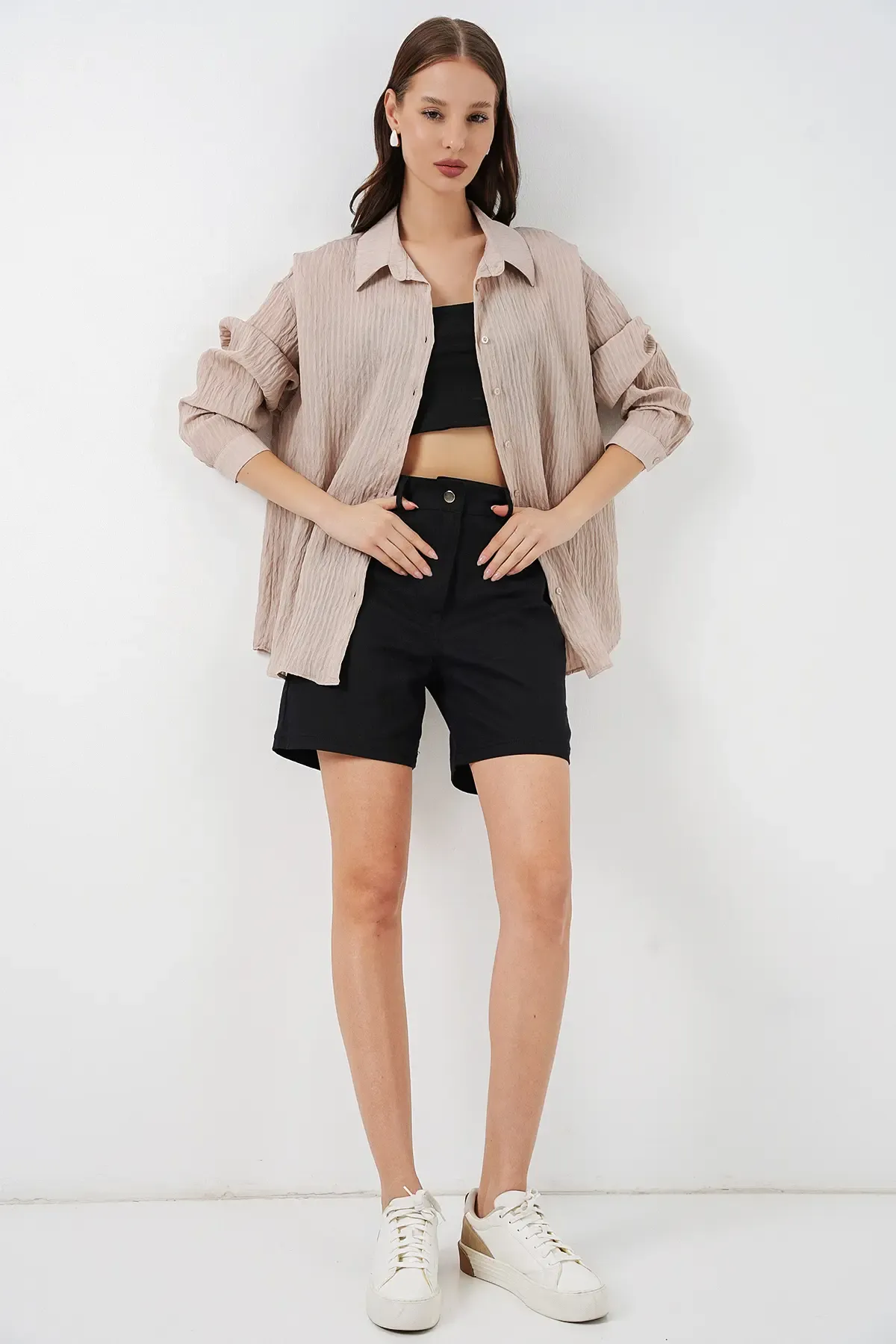 Kadın Uzun Oversize Gömlek 20320 - Bej