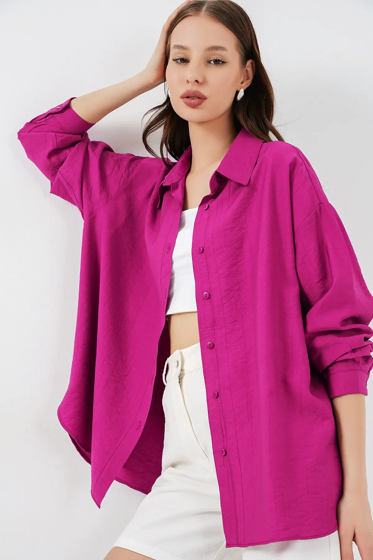 Kadın Uzun Oversize Gömlek 20334 - Koyu Pembe