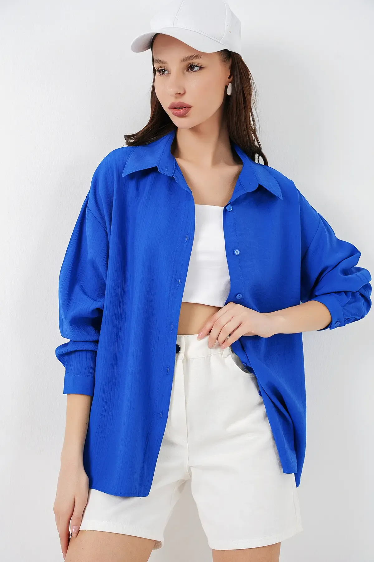 Kadın Uzun Oversize Gömlek 20334 - Saks