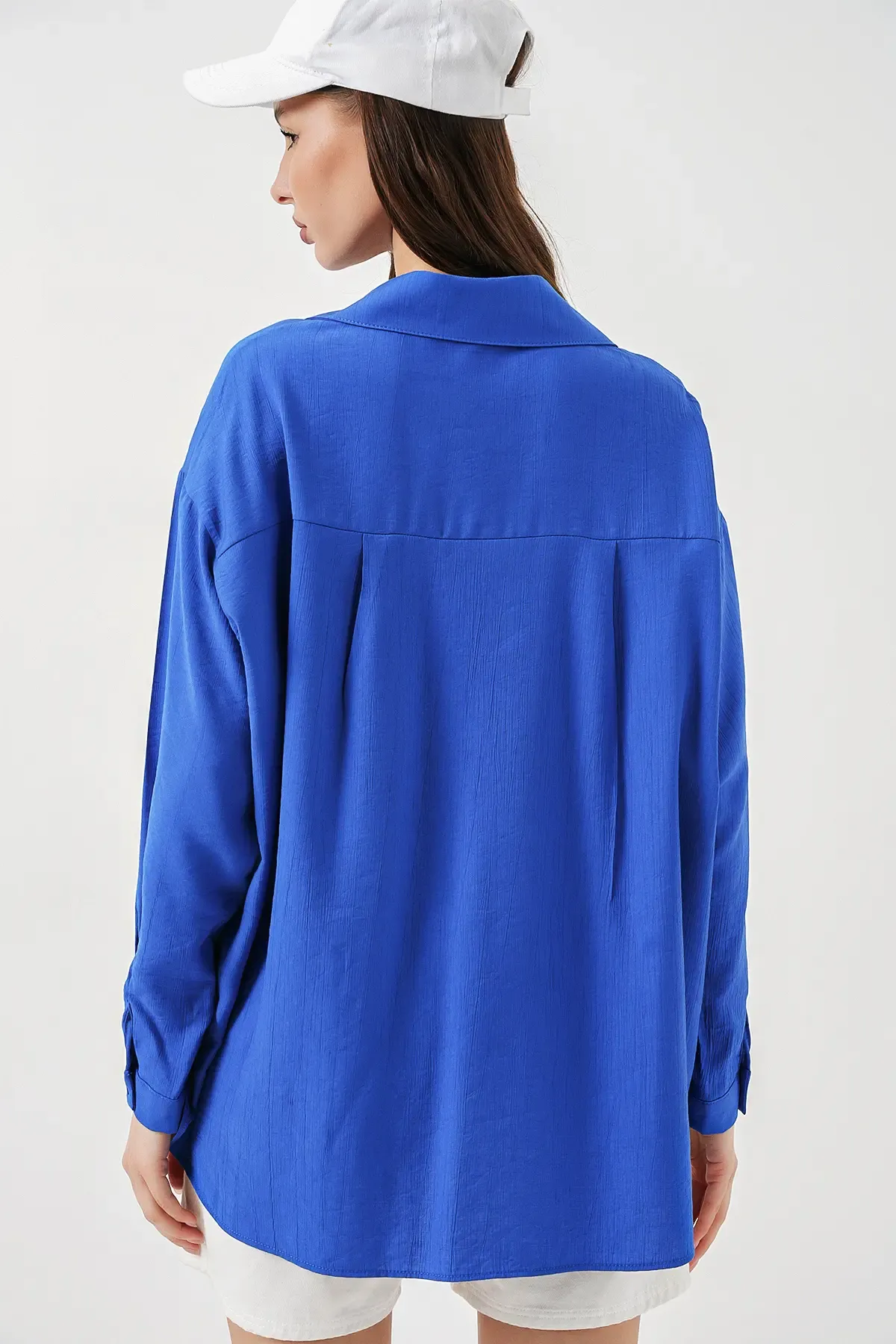 Kadın Uzun Oversize Gömlek 20334 - Saks