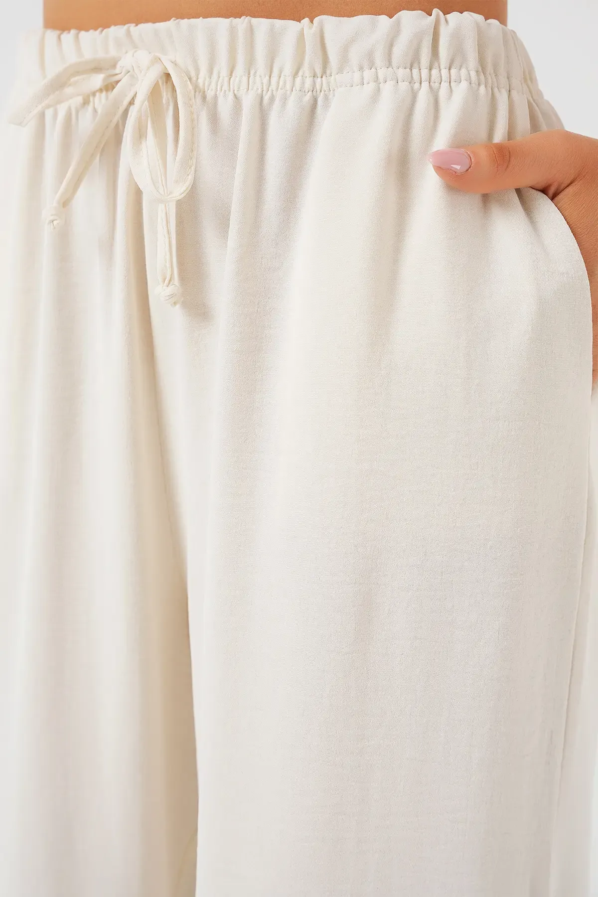 Kadın Yüksek Bel Bol Paça Pantolon - Krem