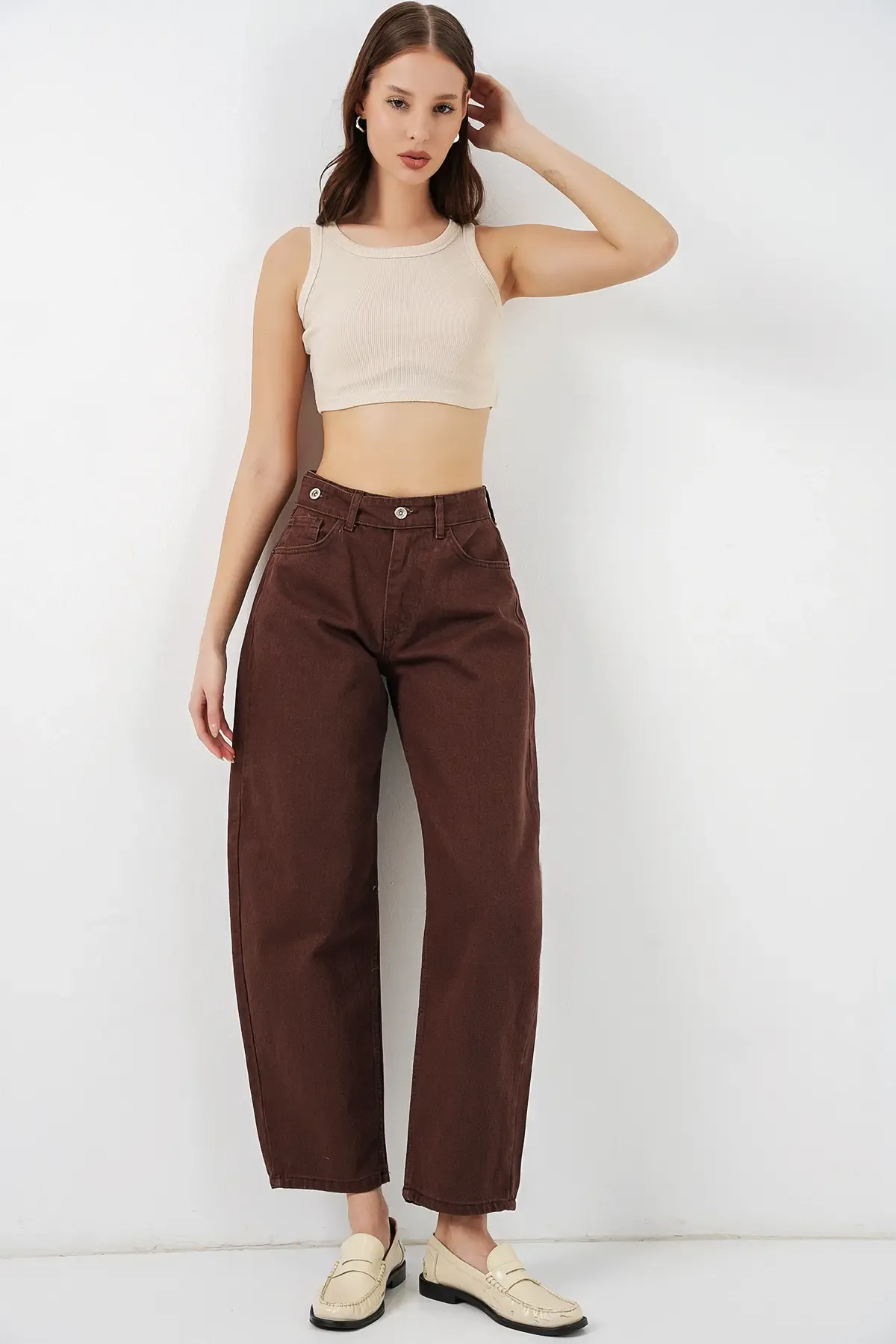 Kadın Yüksek Bel Kot Pantolon 30081 - Kahverengi