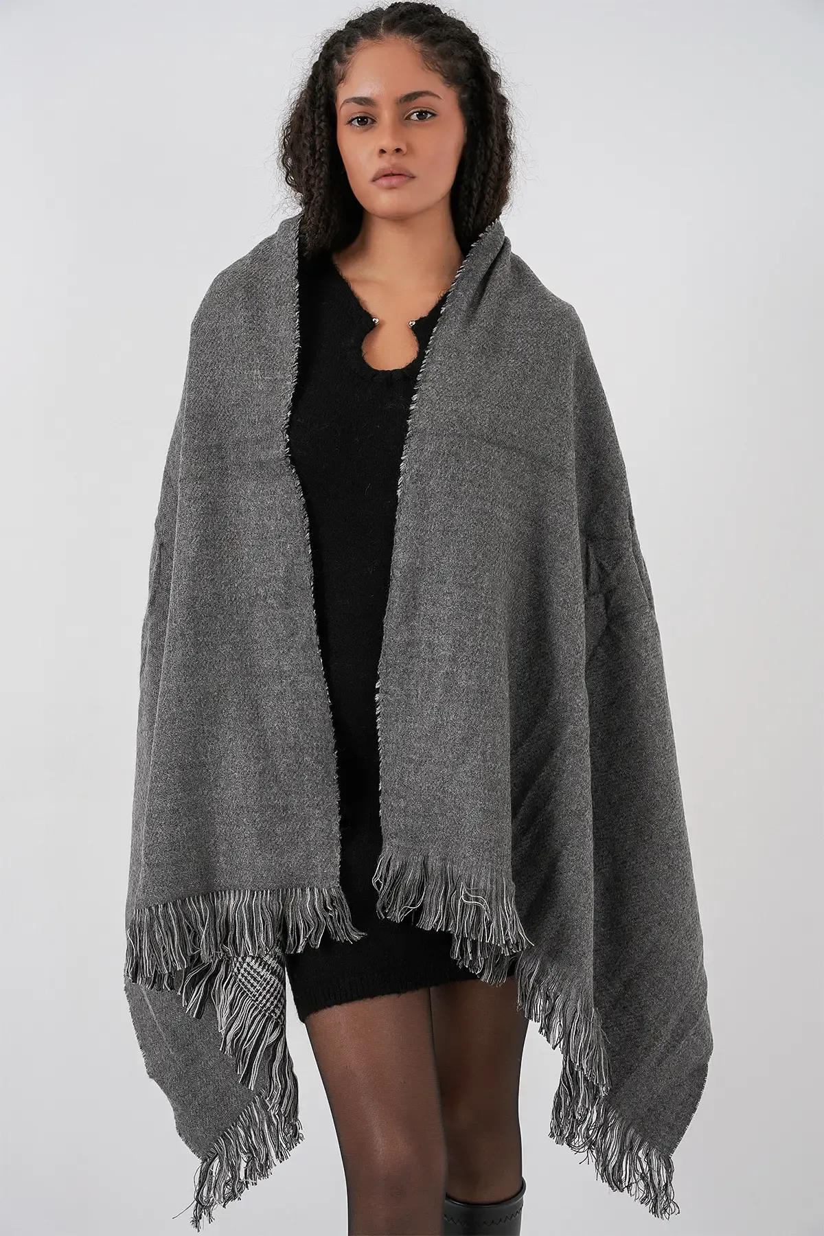 Kadın Yumuşak Dokulu Kalın Şal Atkı 15951 - Antrasit