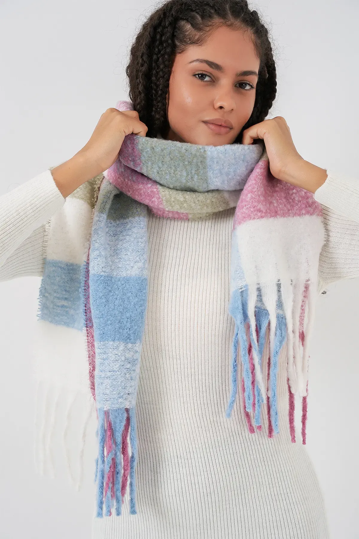 Kadın Yumuşak Dokulu Kalın Şal Atkı 15951 - Pudra