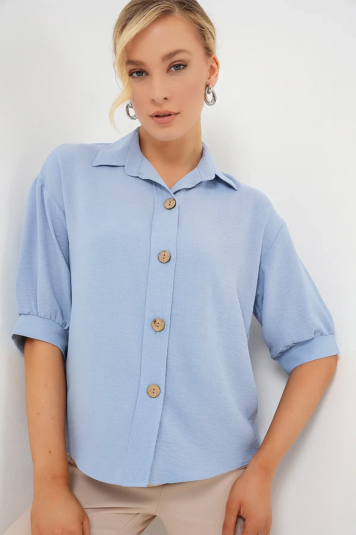 Kısa Kol Oversize Keten Gömlek 20240 - B.Mavi