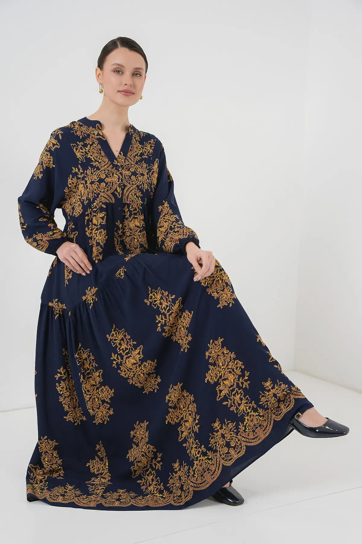 Lacivert Gold Desenli Tesettür Elbise 2423