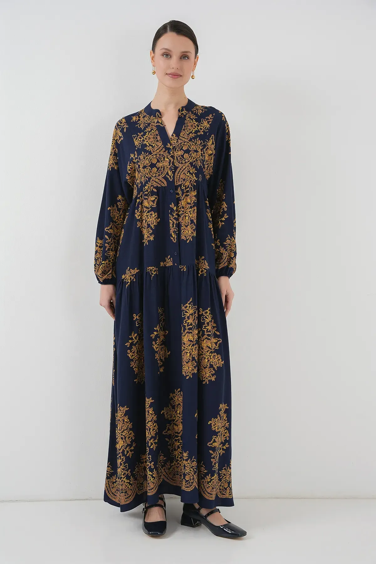Lacivert Gold Desenli Tesettür Elbise 2423