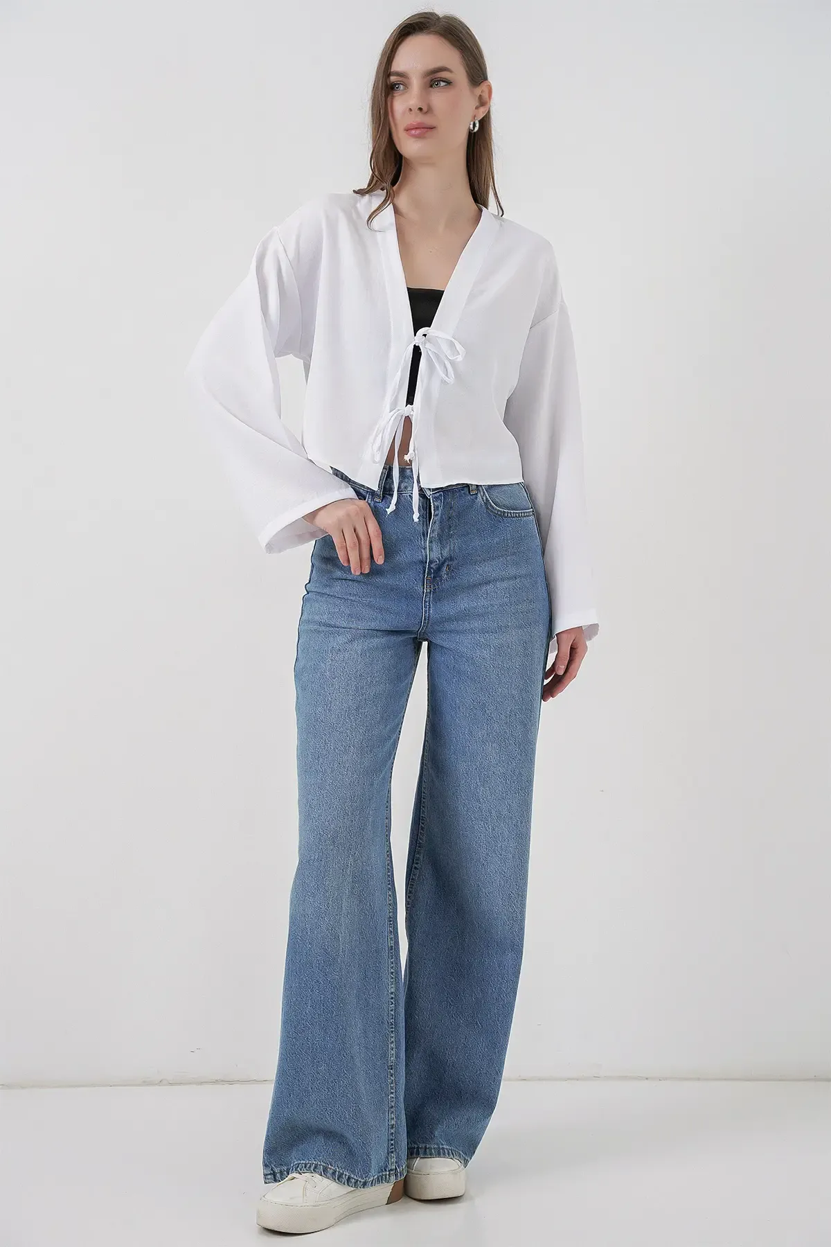 Önü Bağlamalı Keten Kimono 960 - Beyaz