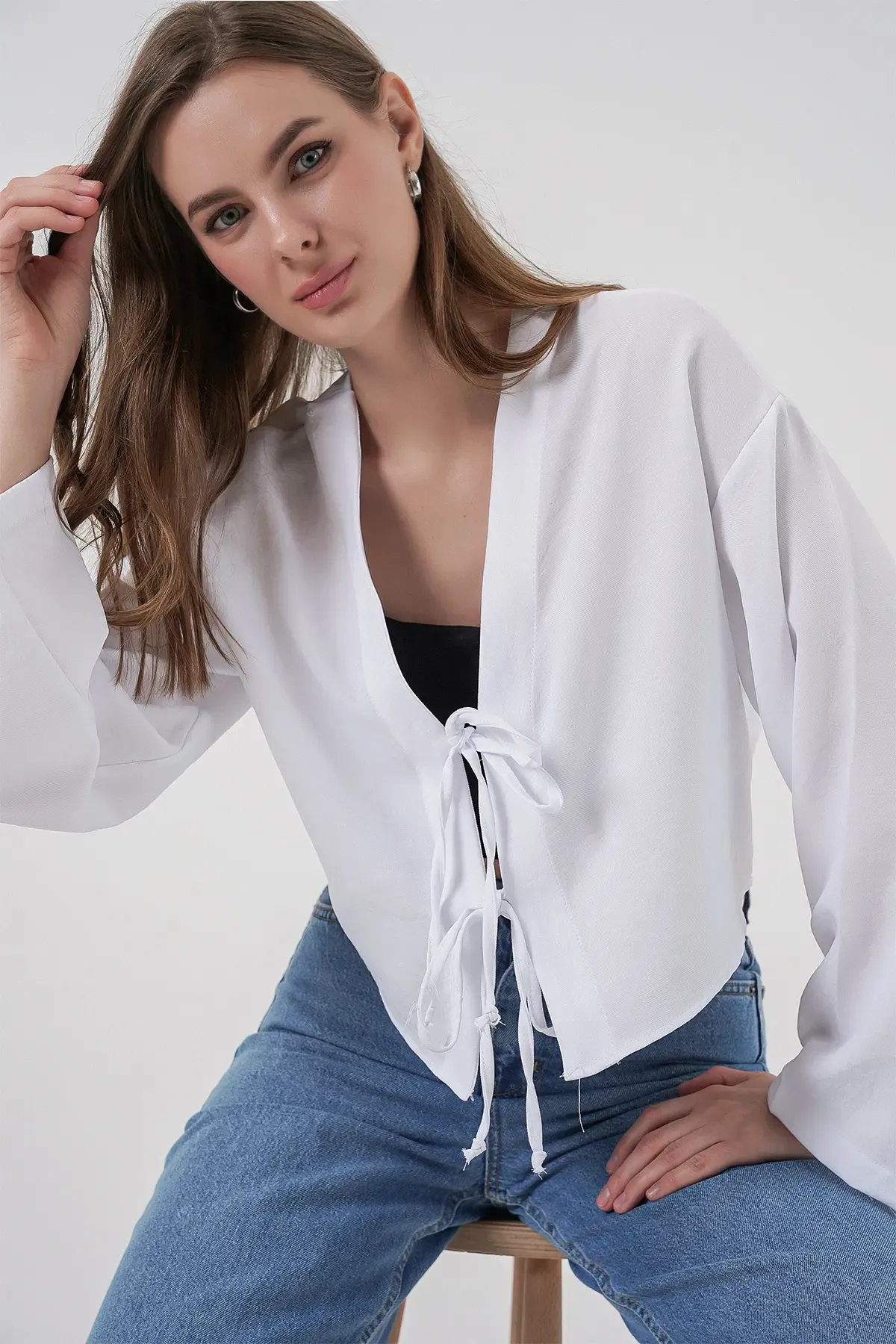 Önü Bağlamalı Keten Kimono 960 - Beyaz