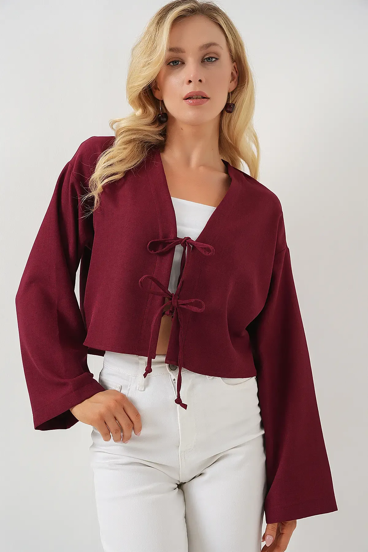 Önü Bağlamalı Keten Kimono 960 - Bordo