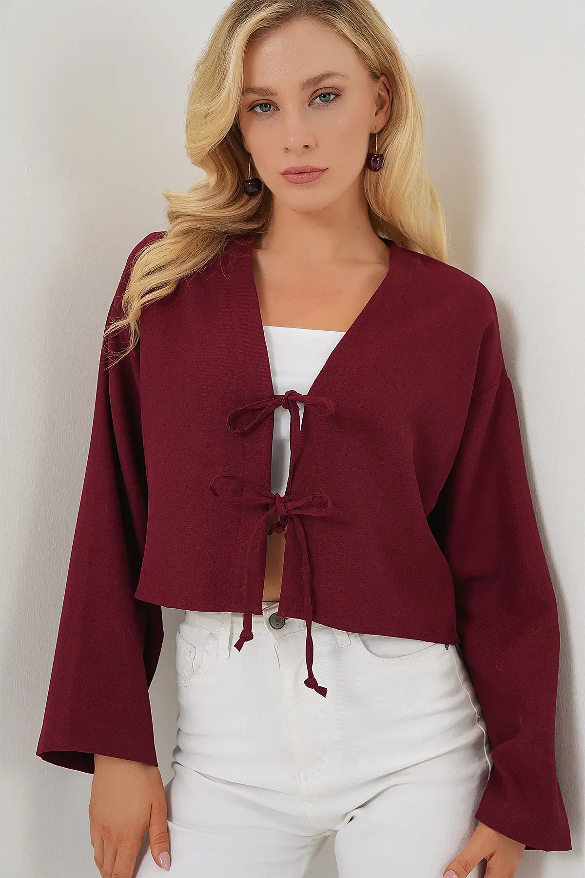 Önü Bağlamalı Keten Kimono 960 - Bordo
