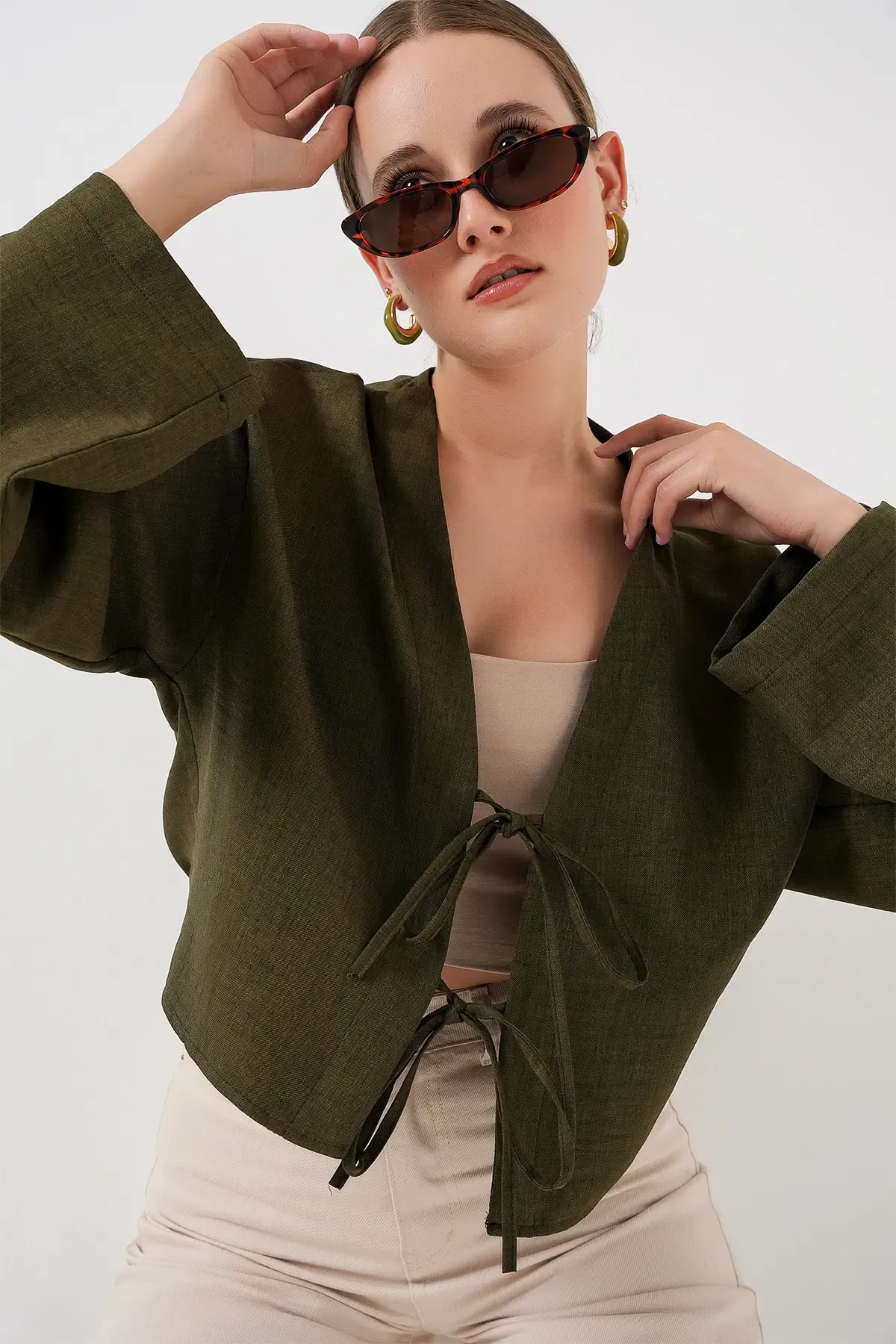 Önü Bağlamalı Keten Kimono 960 - Haki