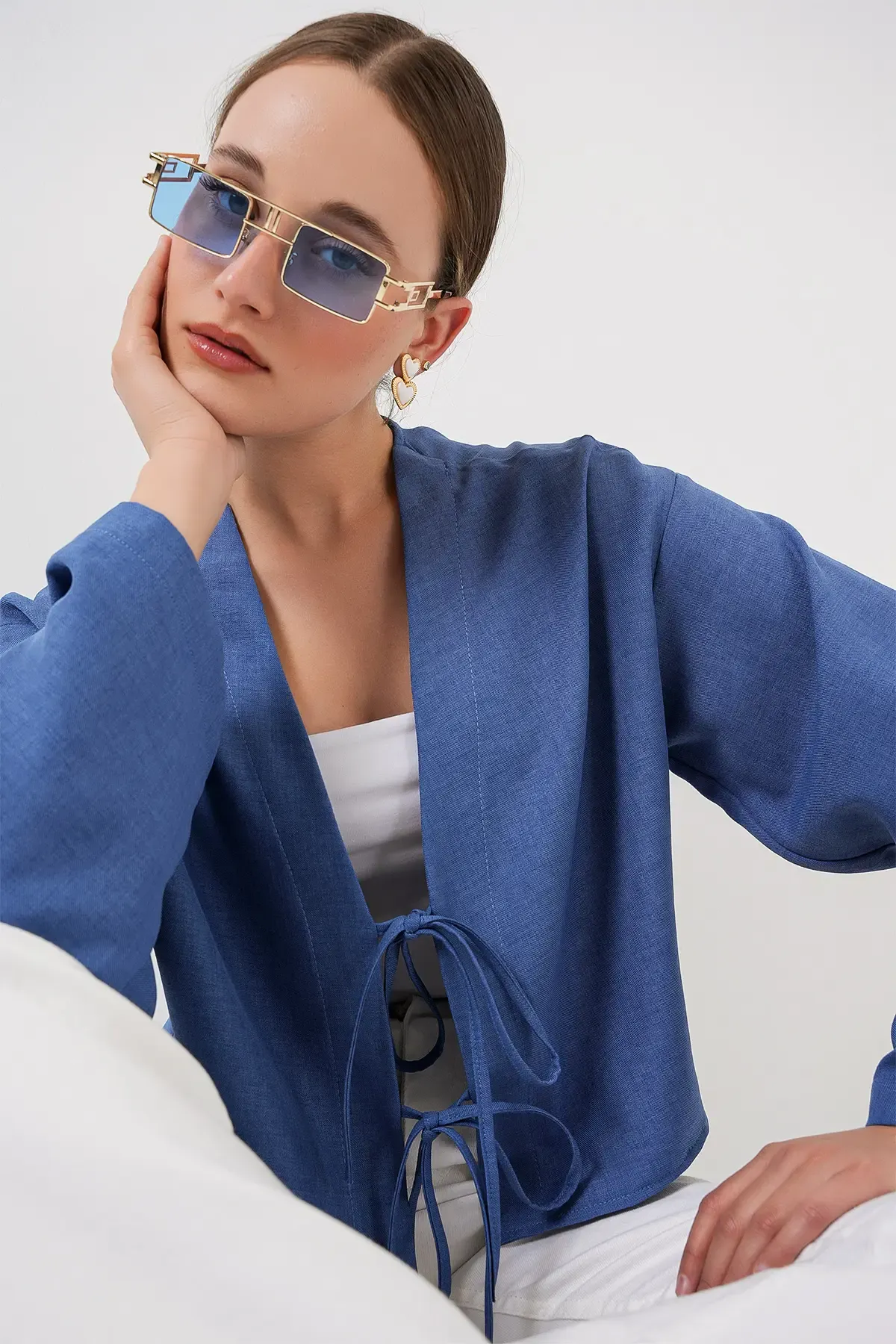 Önü Bağlamalı Keten Kimono 960 - İndigo