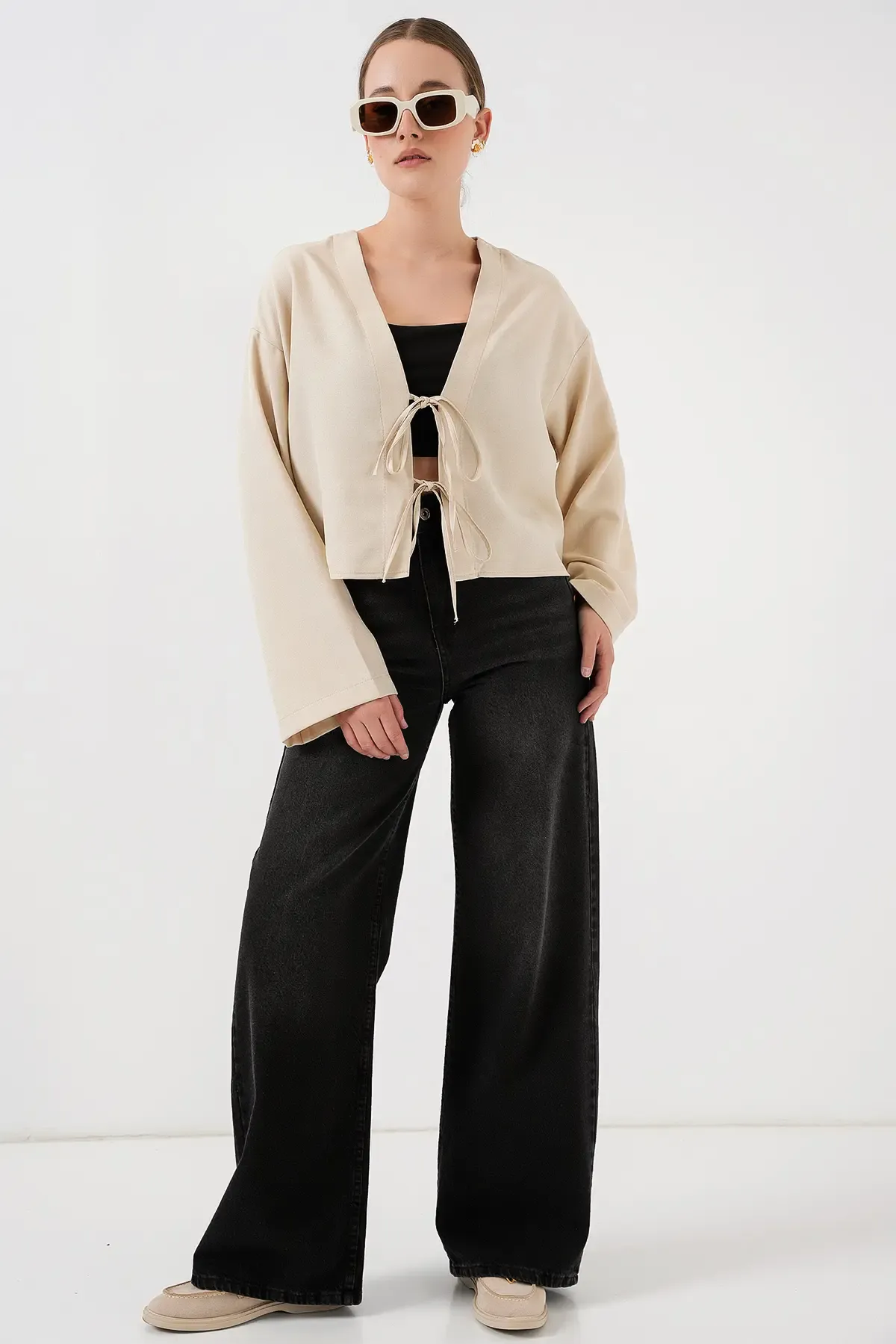 Önü Bağlamalı Keten Kimono 960 - Krem