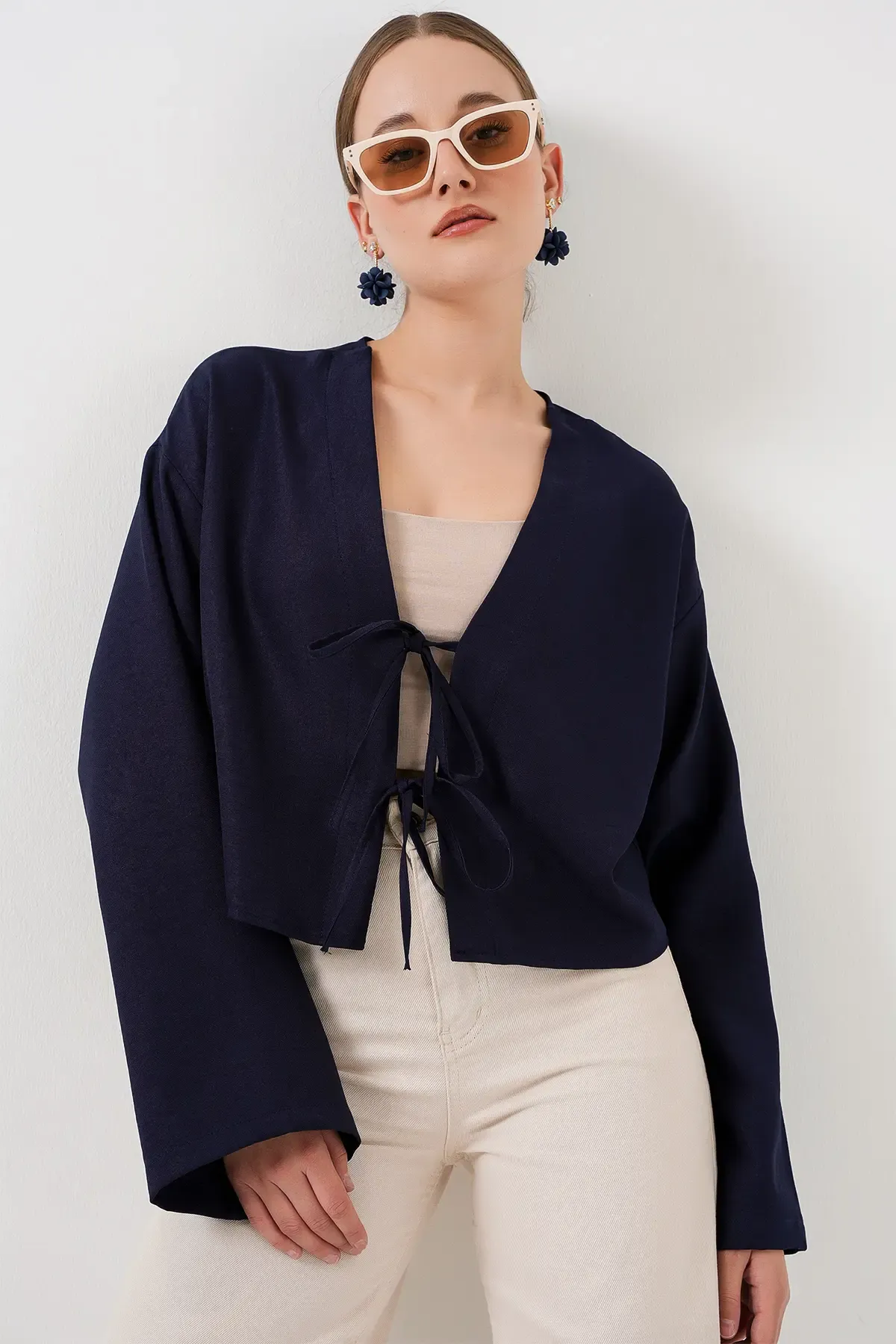 Önü Bağlamalı Keten Kimono 960 - Lacivert