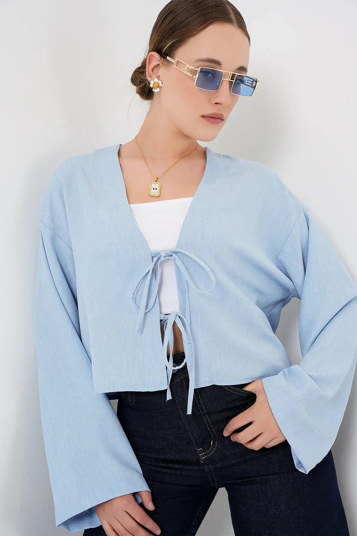 Önü Bağlamalı Keten Kimono 960 - Mavi