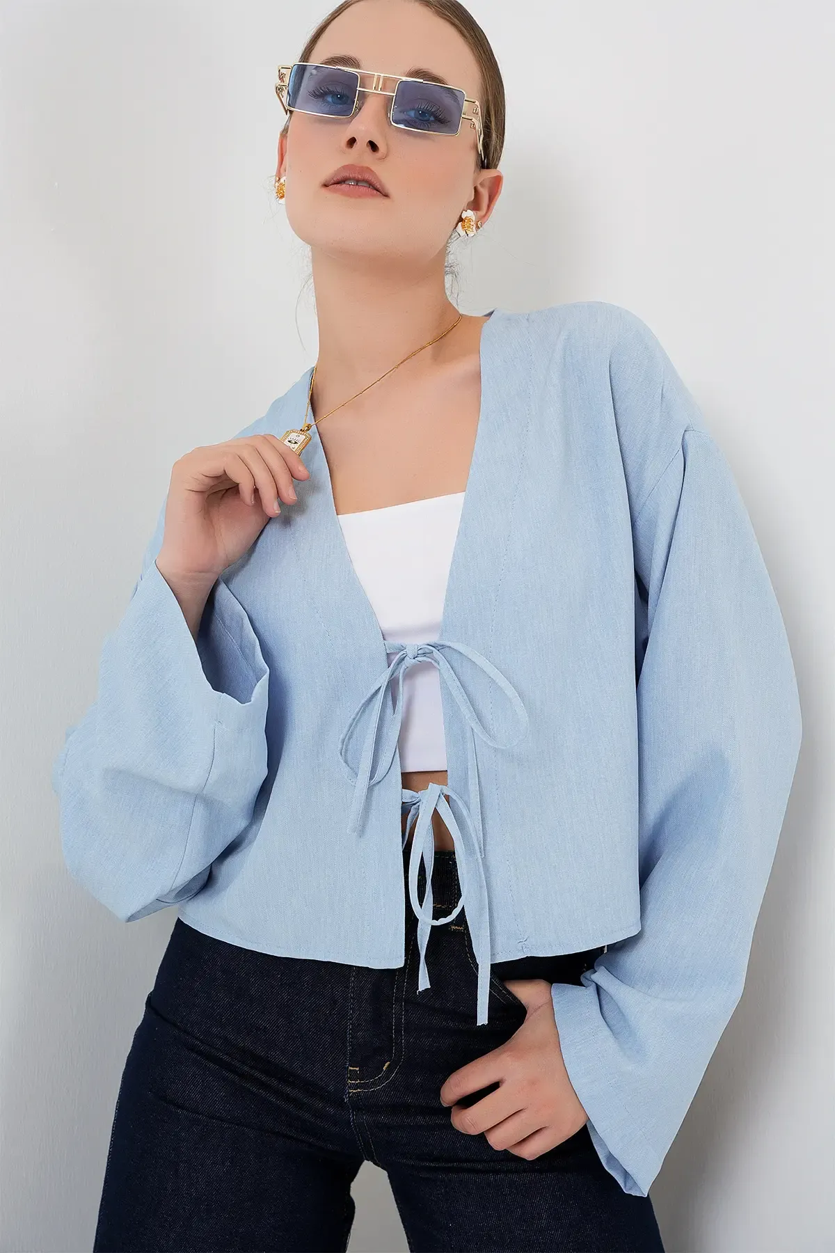 Önü Bağlamalı Keten Kimono 960 - Mavi