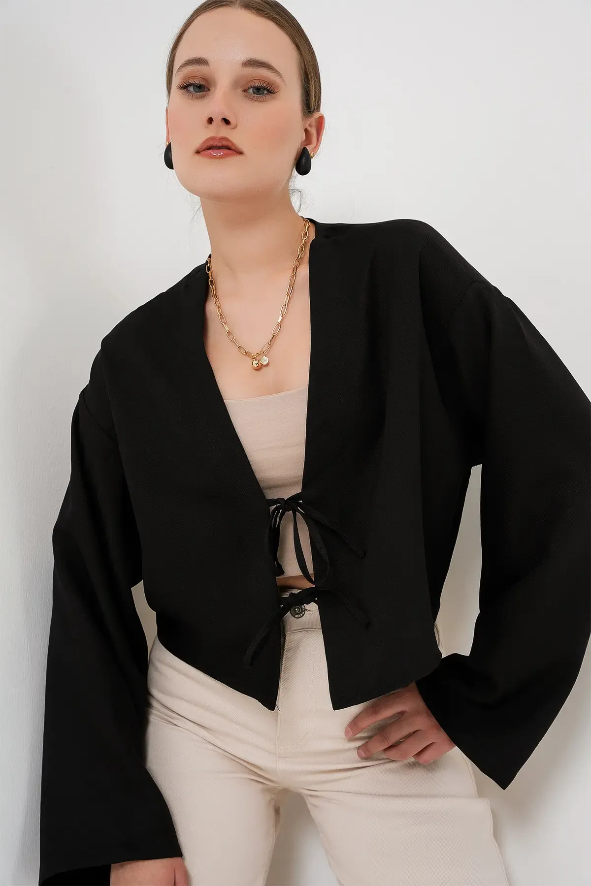 Önü Bağlamalı Keten Kimono 960 - Siyah