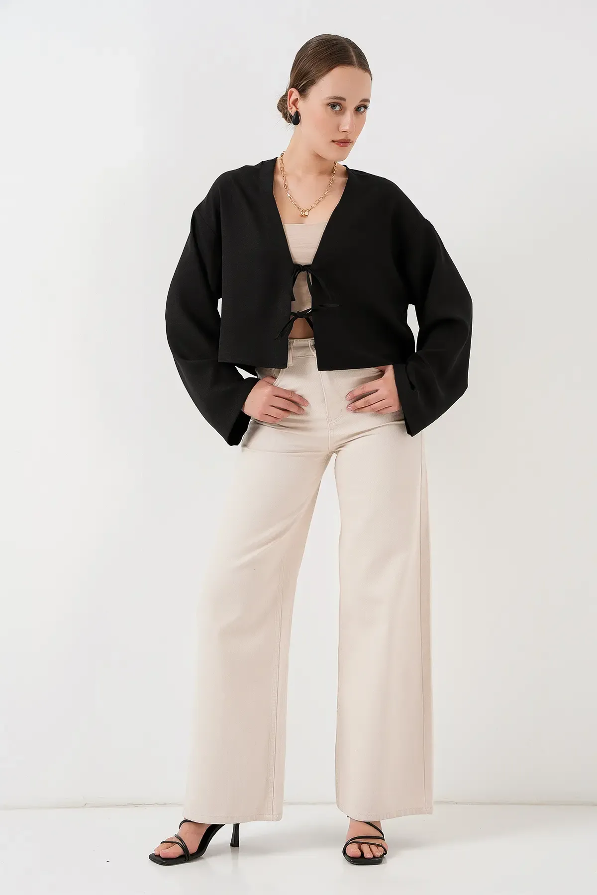 Önü Bağlamalı Keten Kimono 960 - Siyah