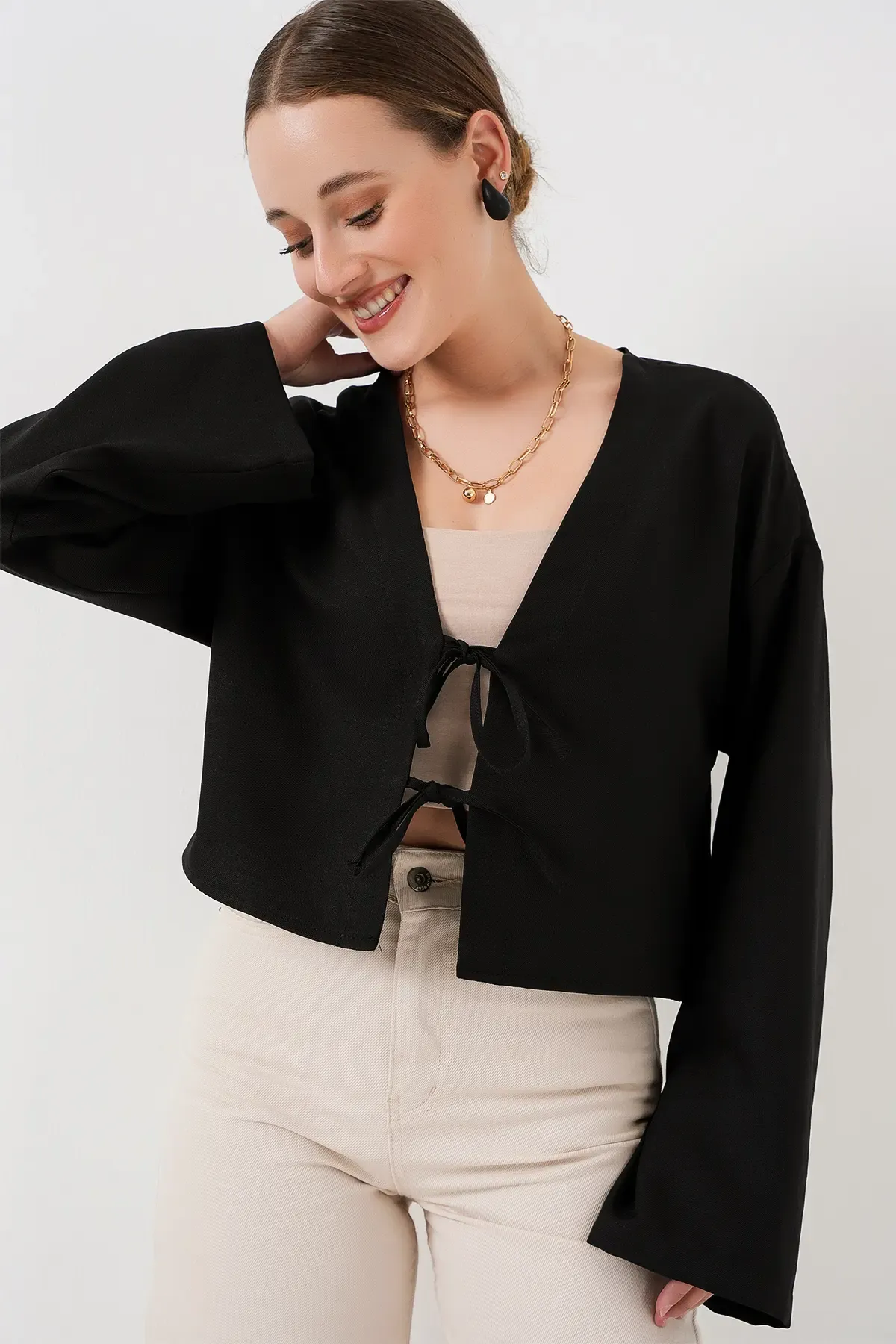 Önü Bağlamalı Keten Kimono 960 - Siyah